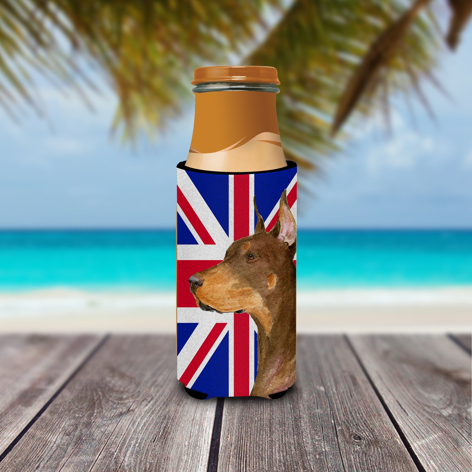 Doberman with English Union Jack British Flag Ultra Beverage Insulators for slim cans SS4910MUK.