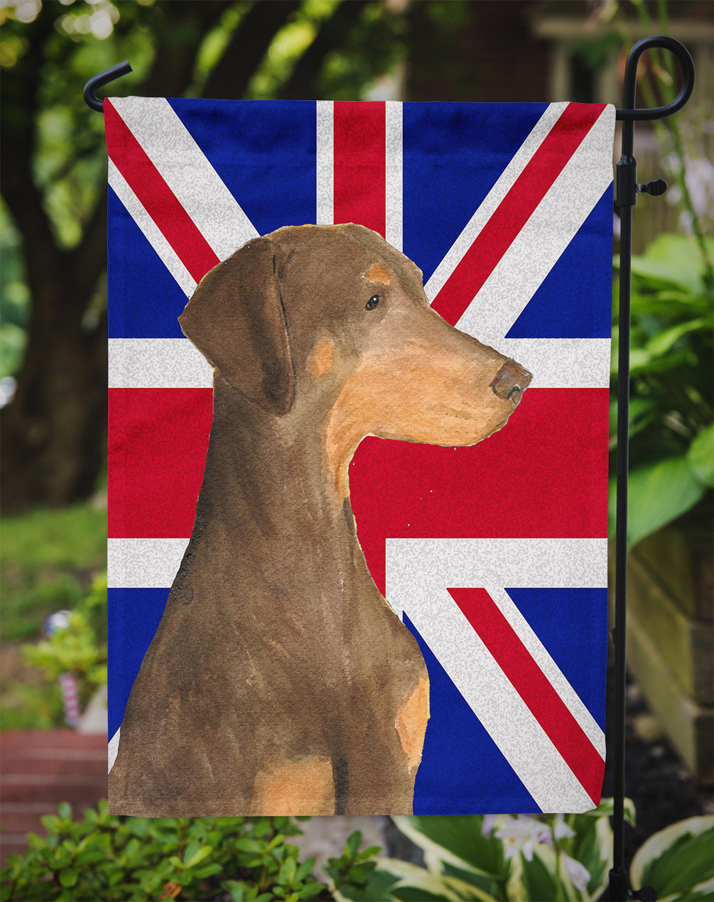 Doberman Natural Ears with English Union Jack British Flag Flag Garden Size  the-store.com.