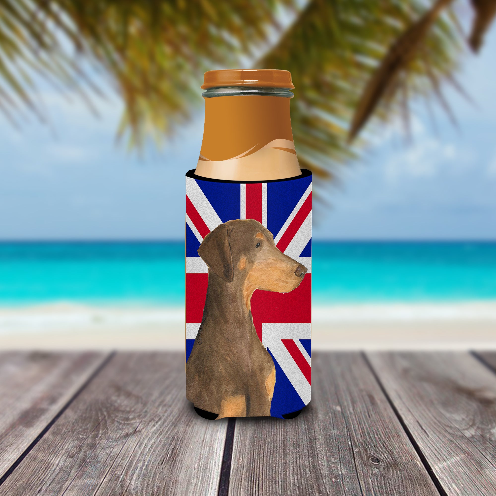 Doberman Natural Ears with English Union Jack British Flag Ultra Beverage Insulators for slim cans SS4921MUK.