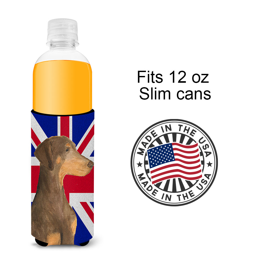 Doberman Natural Ears with English Union Jack British Flag Ultra Beverage Insulators for slim cans SS4921MUK.