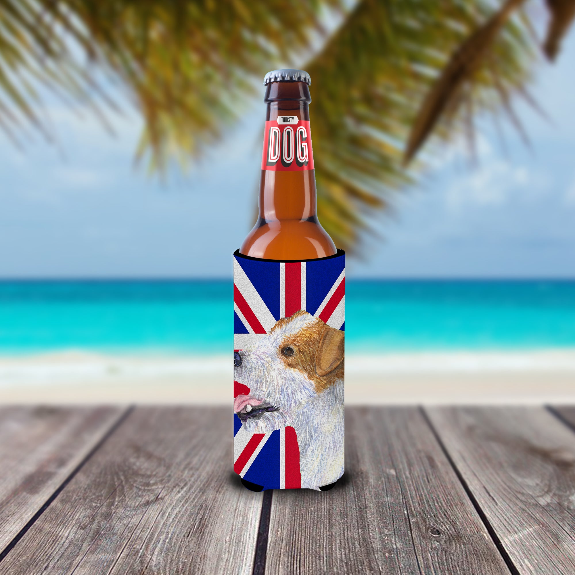 Jack Russell Terrier with English Union Jack British Flag Ultra Beverage Insulators for slim cans SS4946MUK.