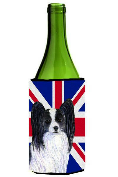 Papillon with English Union Jack British Flag Wine Bottle Beverage Insulator Hugger SS4947LITERK by Caroline's Treasures