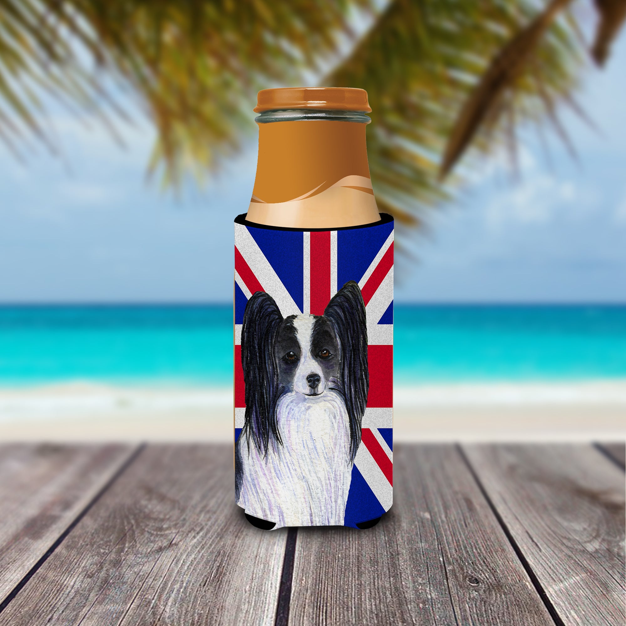 Papillon with English Union Jack British Flag Ultra Beverage Insulators for slim cans SS4947MUK.