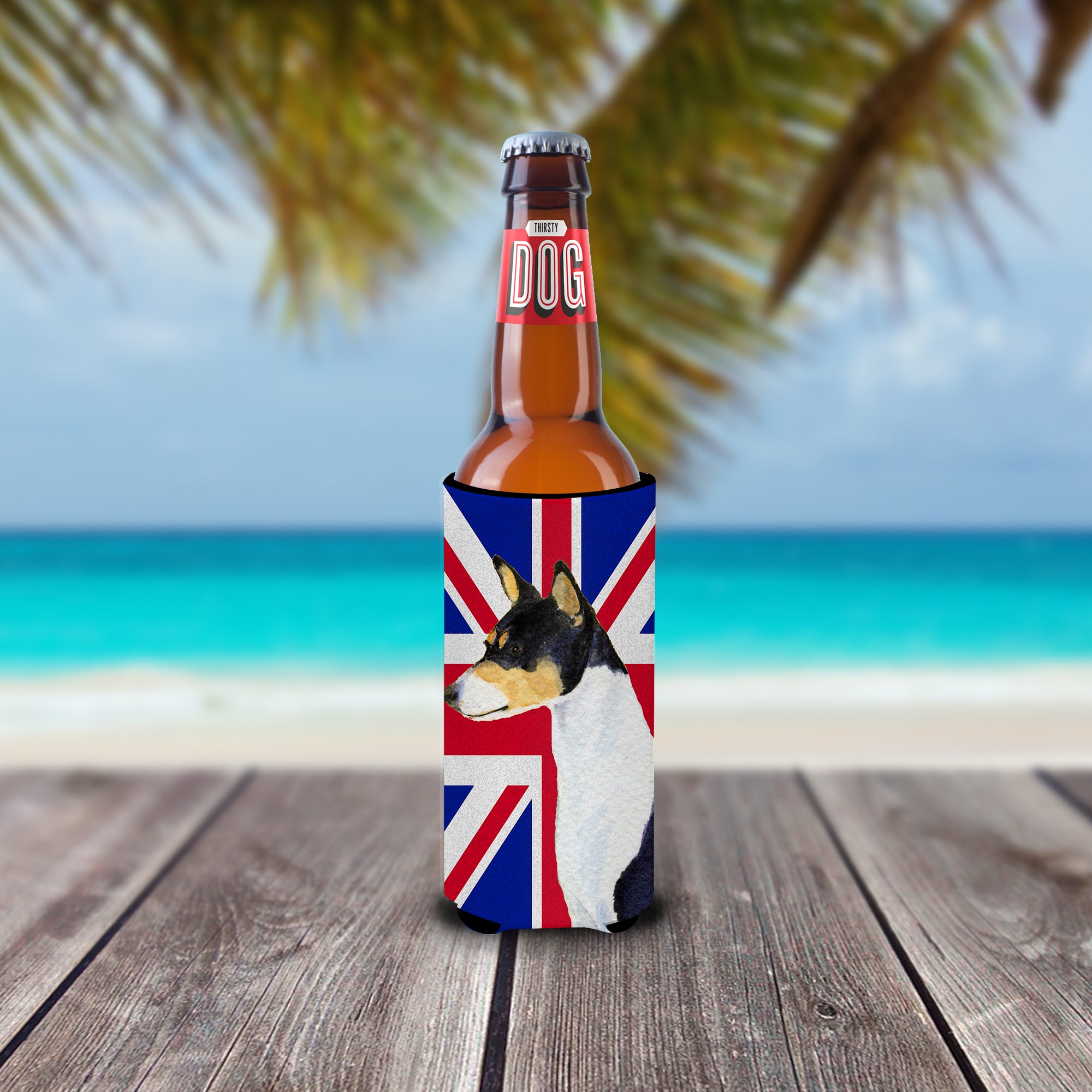 Basenji with English Union Jack British Flag Ultra Beverage Insulators for slim cans SS4956MUK.