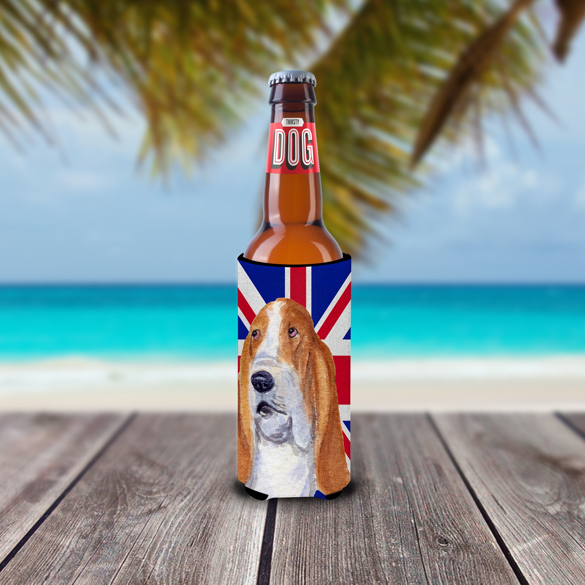 Basset Hound with English Union Jack British Flag Ultra Beverage Insulators for slim cans SS4970MUK.