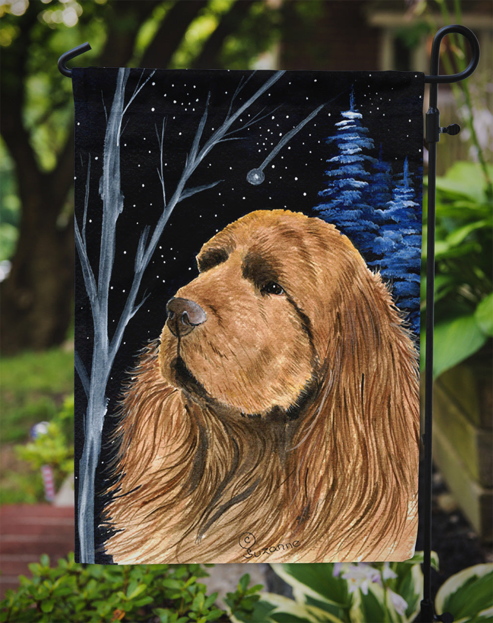 Starry Night Sussex Spaniel Flag Garden Size.