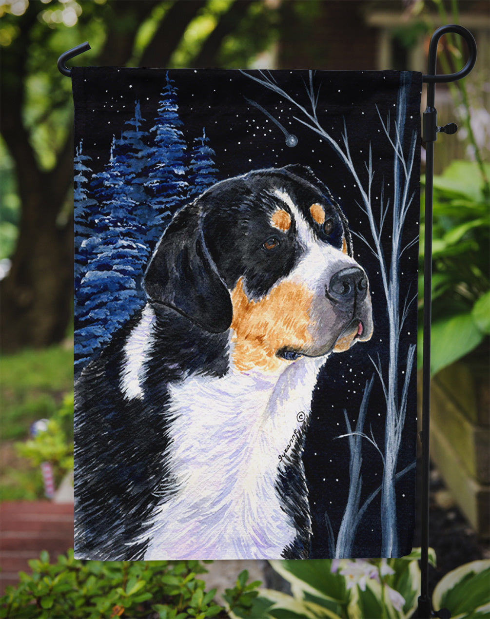 Starry Night Bernese Mountain Dog Flag Garden Size.