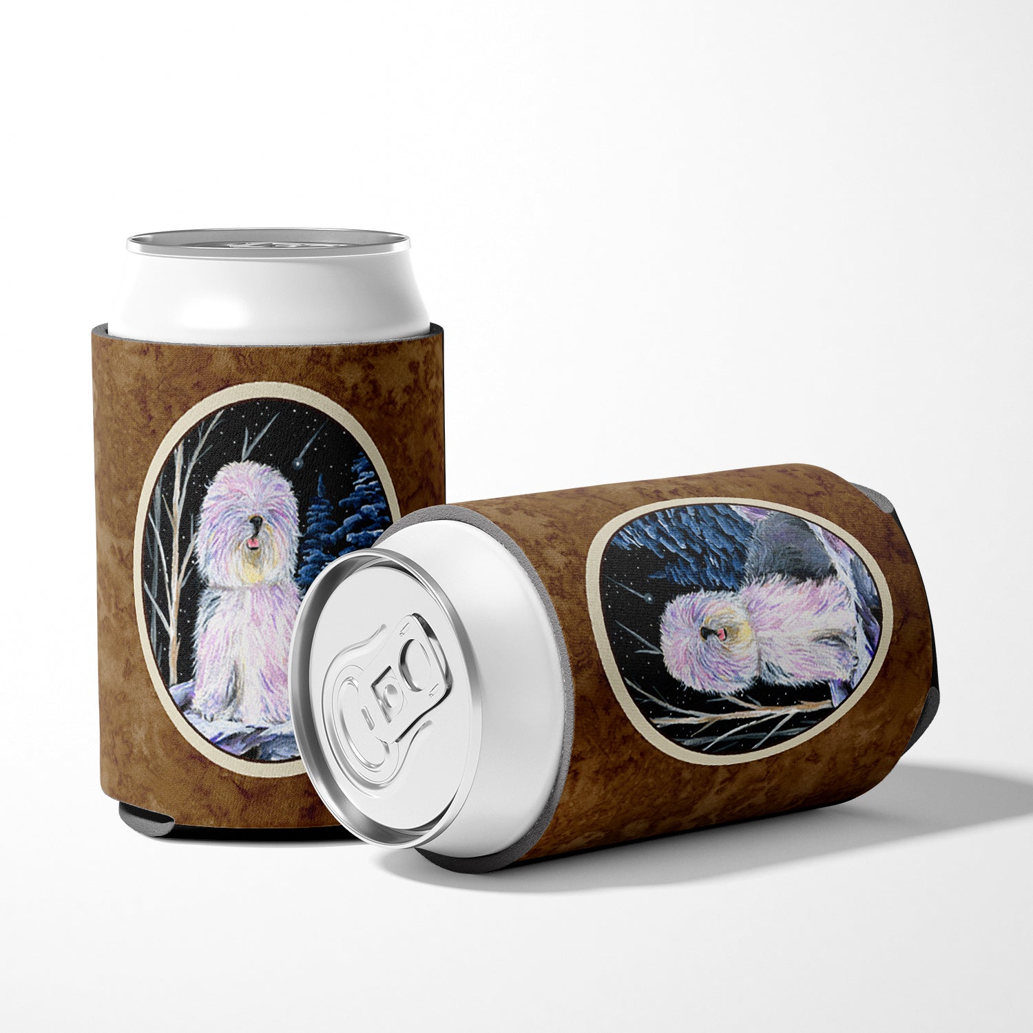 Starry Night Old English Sheepdog Can or Bottle Beverage Insulator Hugger.