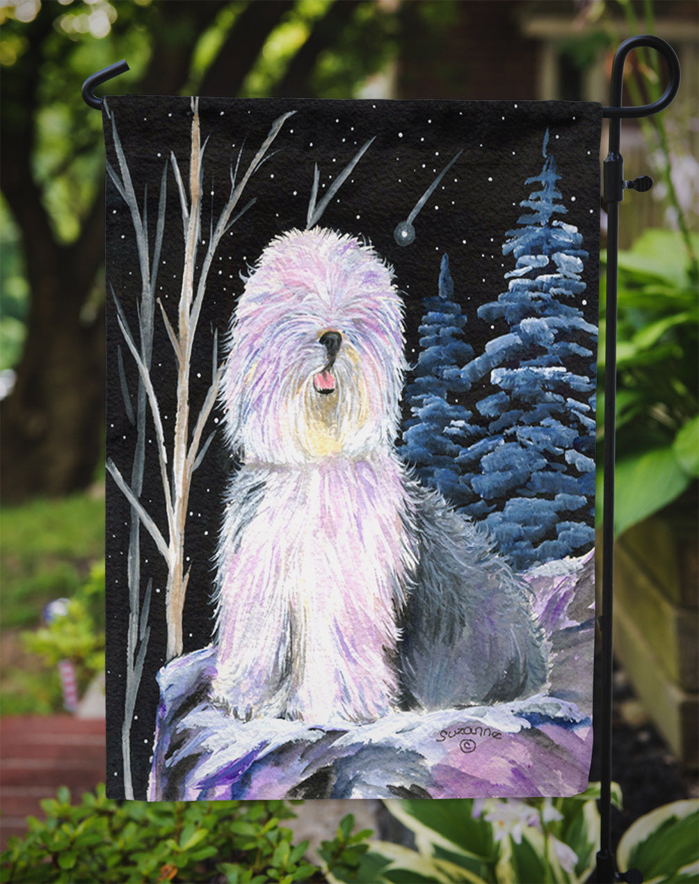 Starry Night Old English Sheepdog Flag Garden Size.