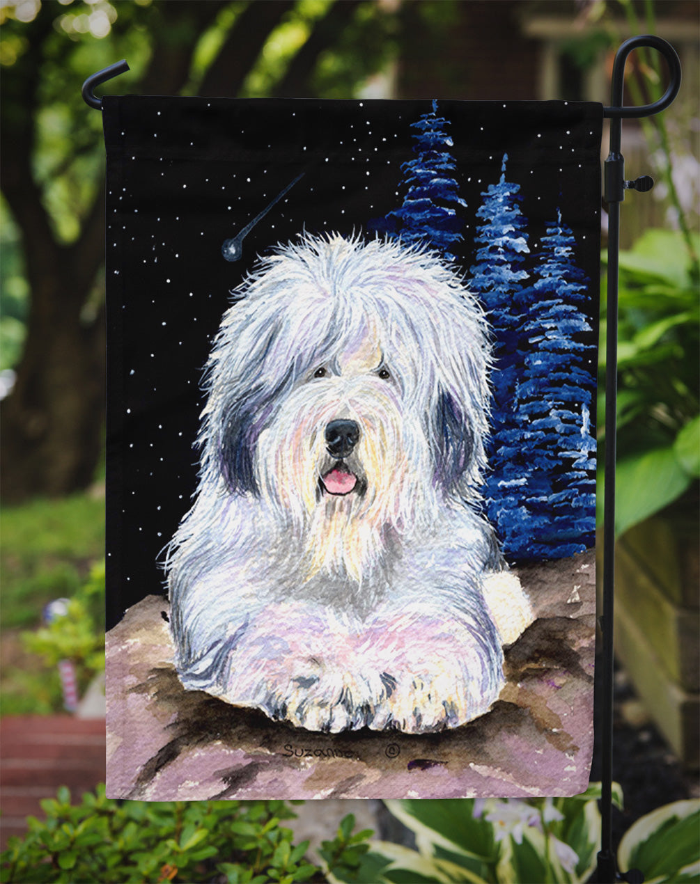 Starry Night Old English Sheepdog Flag Garden Size.