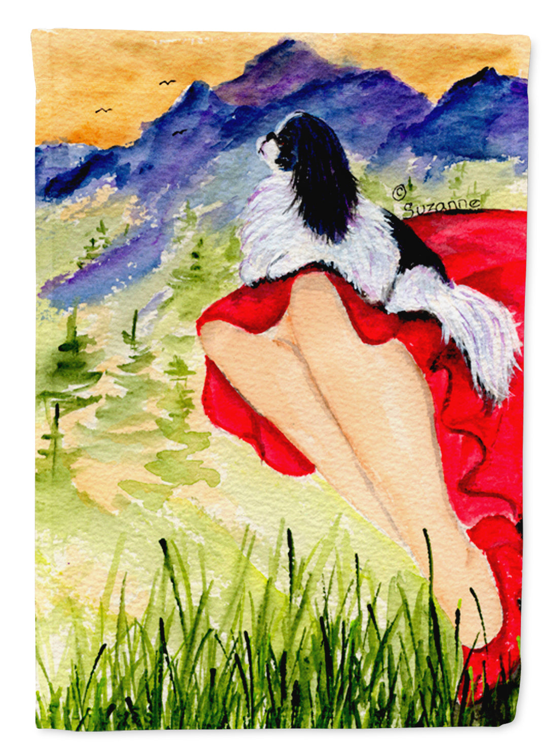 Lady with her Japanese Chin Flag Garden Size.