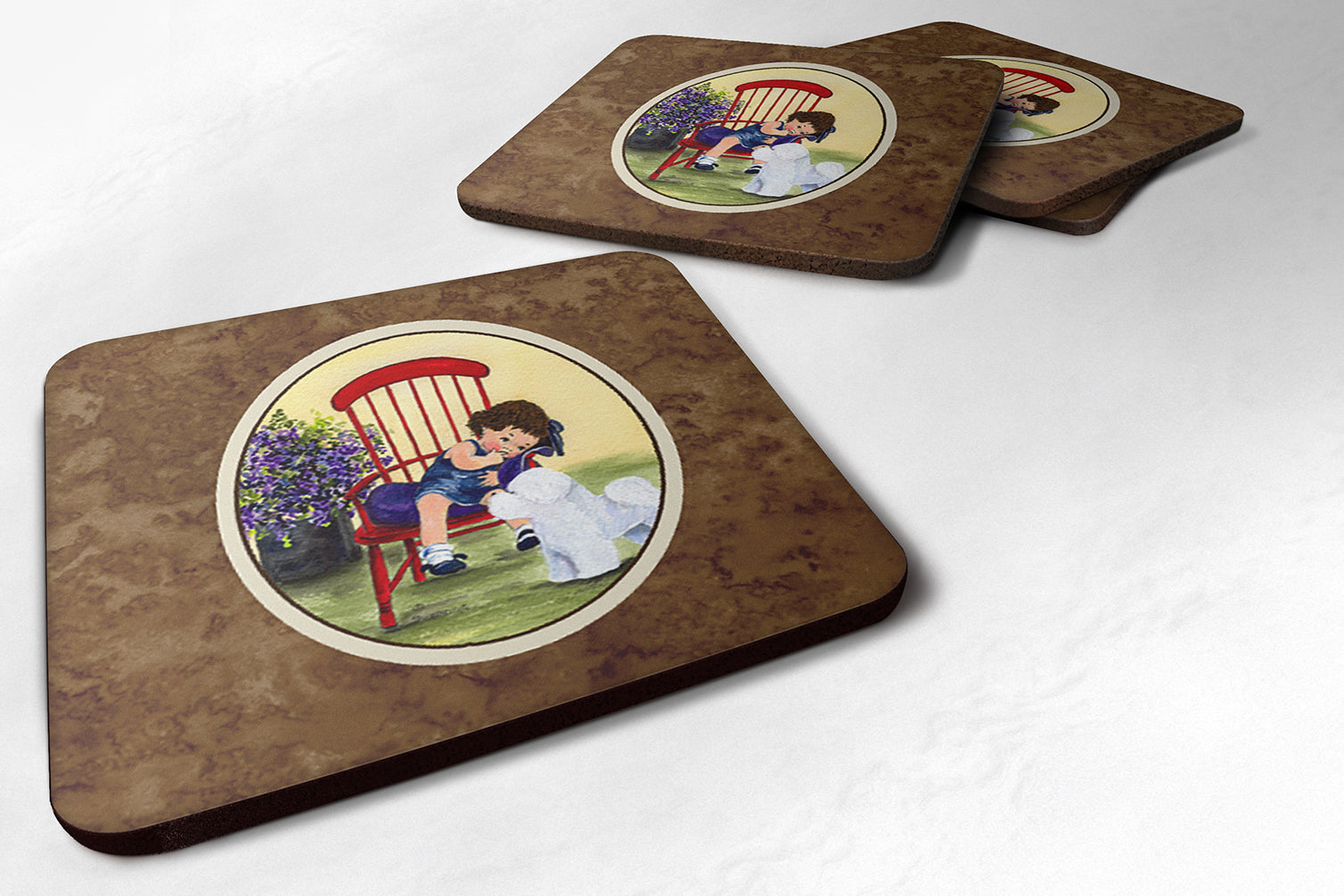 Little Girl with her Bichon Frise Foam Coasters Set of 4 - the-store.com