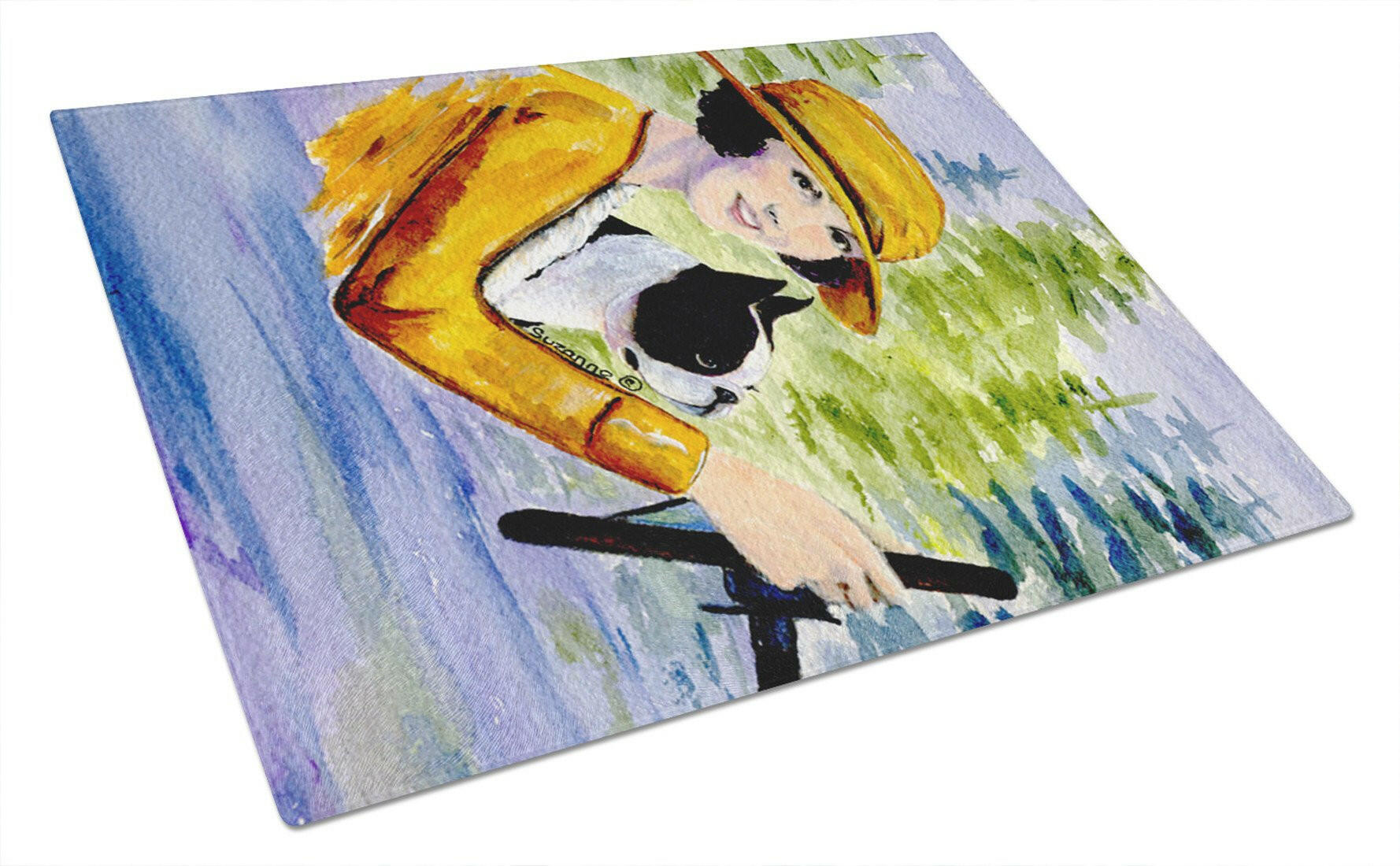 Woman driving with her Boston Terrier Glass Cutting Board Large by Caroline's Treasures