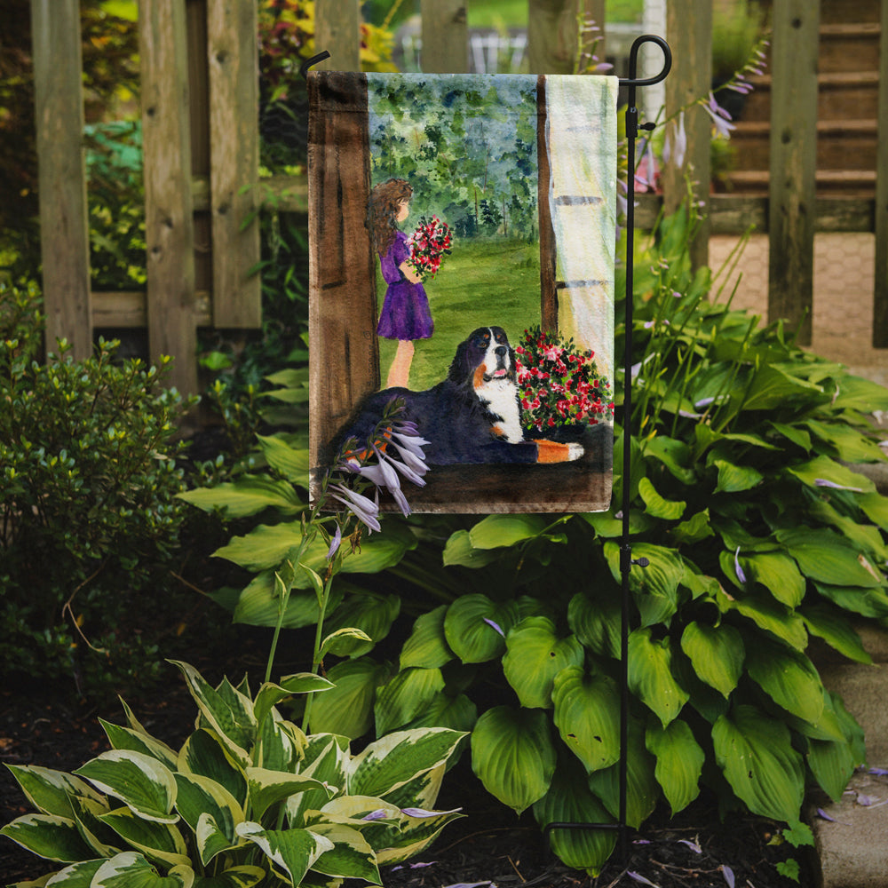 Little Girl with her Bernese Mountain Dog Flag Garden Size.