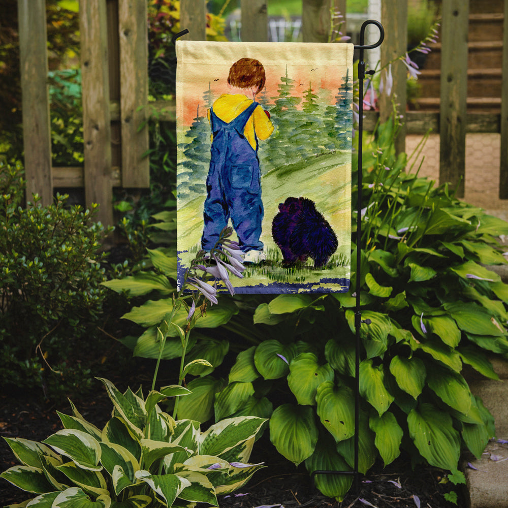 Little Boy with his  Pomeranian Flag Garden Size.