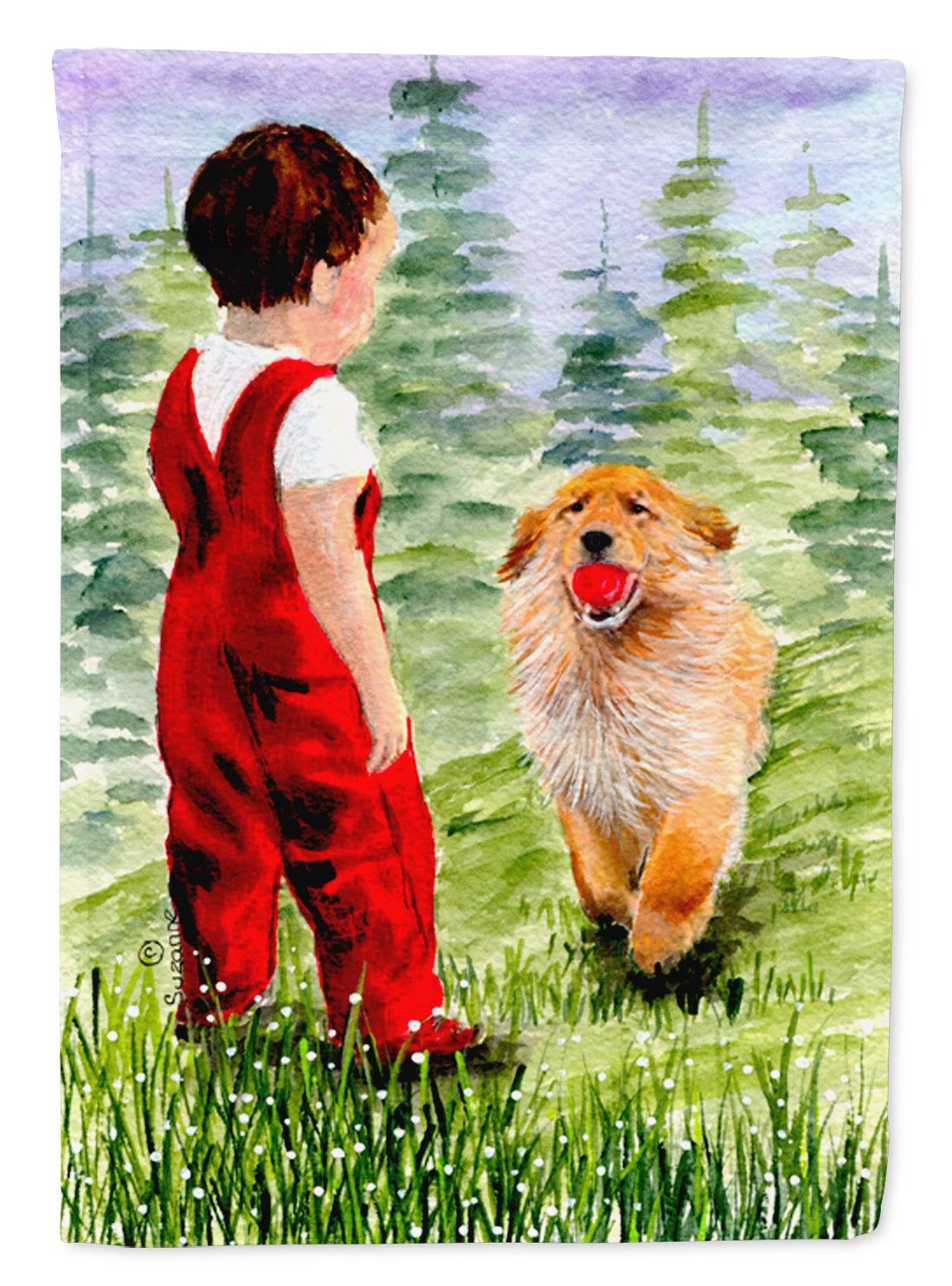 Little Boy with his  Golden Retriever Flag Garden Size.