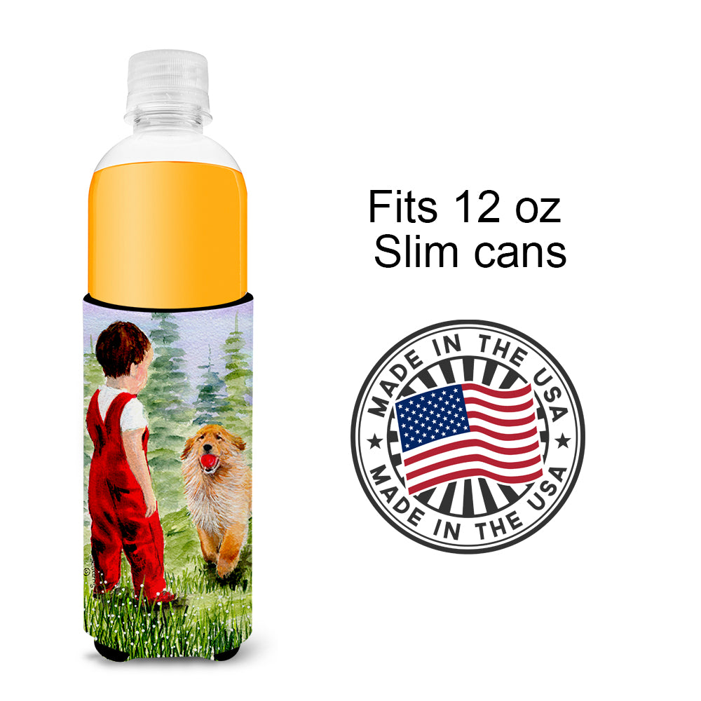 Little Boy with his  Golden Retriever Ultra Beverage Insulators for slim cans SS8545MUK.