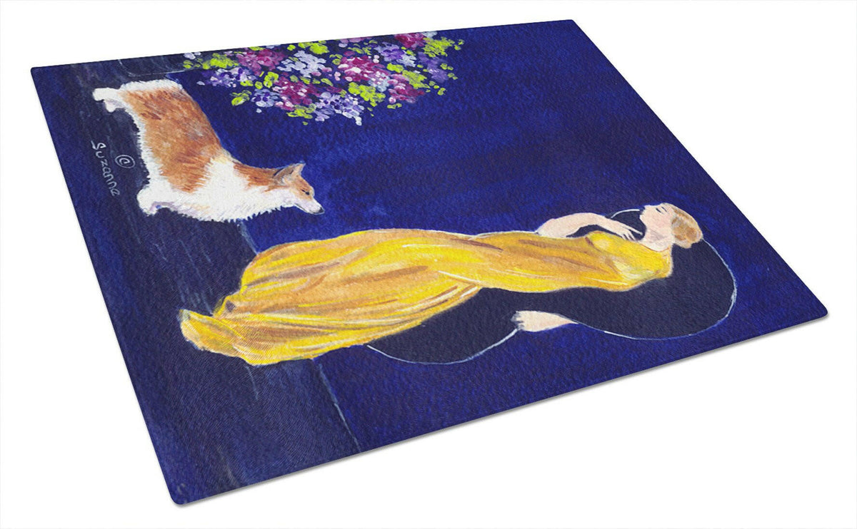 Lady with her Corgi Glass Cutting Board Large by Caroline&#39;s Treasures