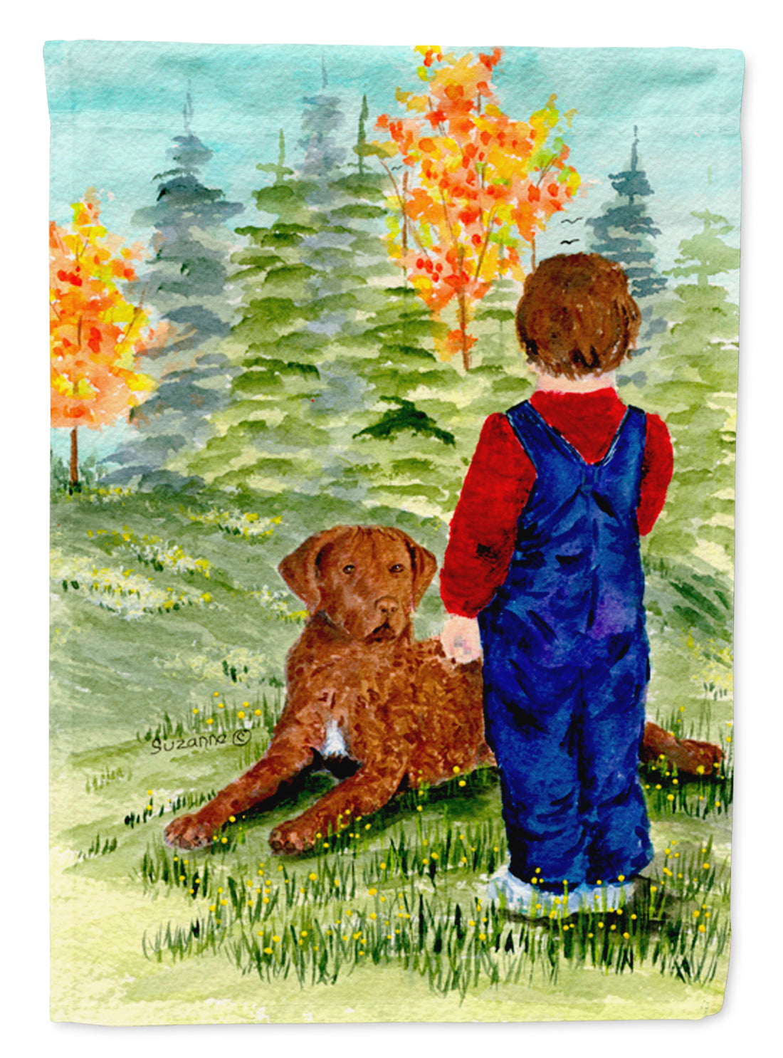 Little boy with his Chesapeake Bay Retriever Flag Canvas House Size  the-store.com.