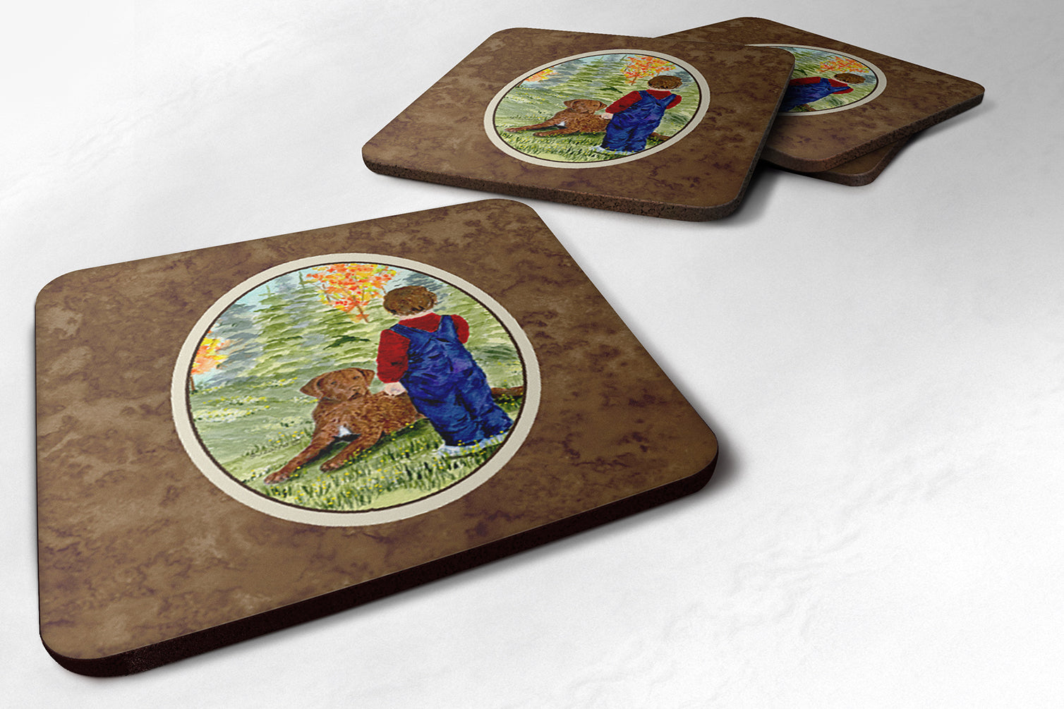 Little boy with his Chesapeake Bay Retriever Foam Coasters Set of 4 - the-store.com