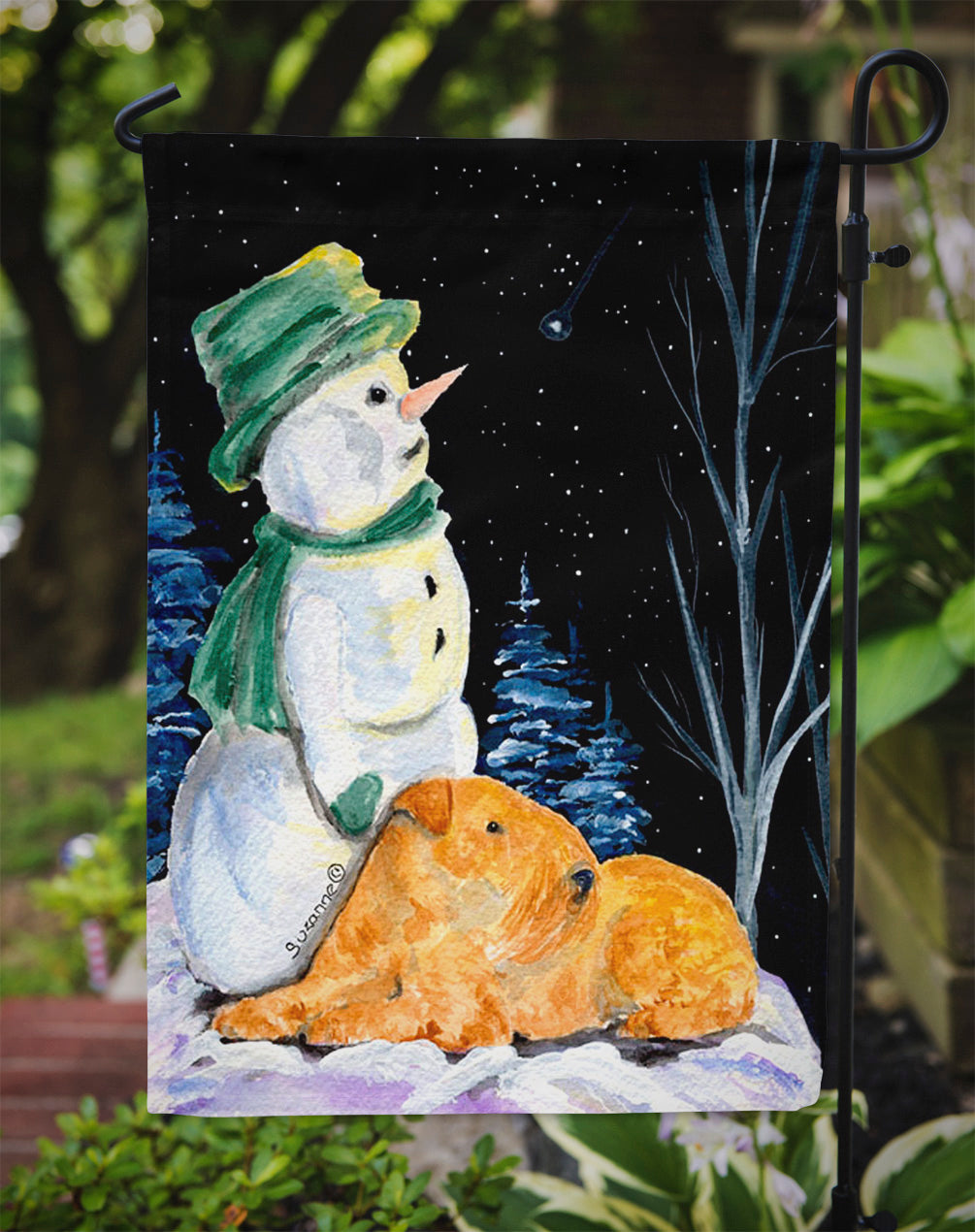 Snowman with Lakeland Terrier Flag Garden Size.