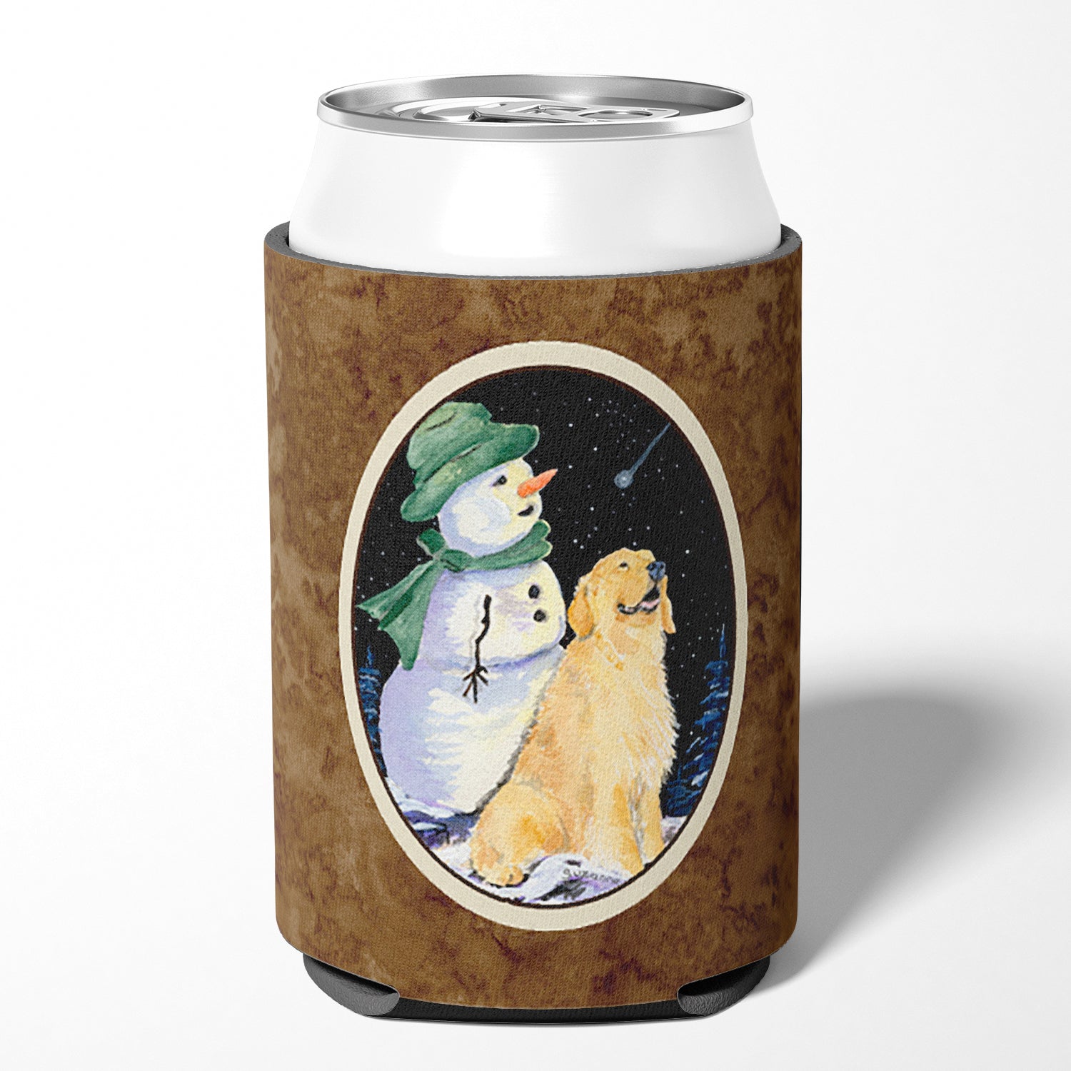 Golden Retriever with Snowman in Green Hat Can or Bottle Beverage Insulator Hugger.