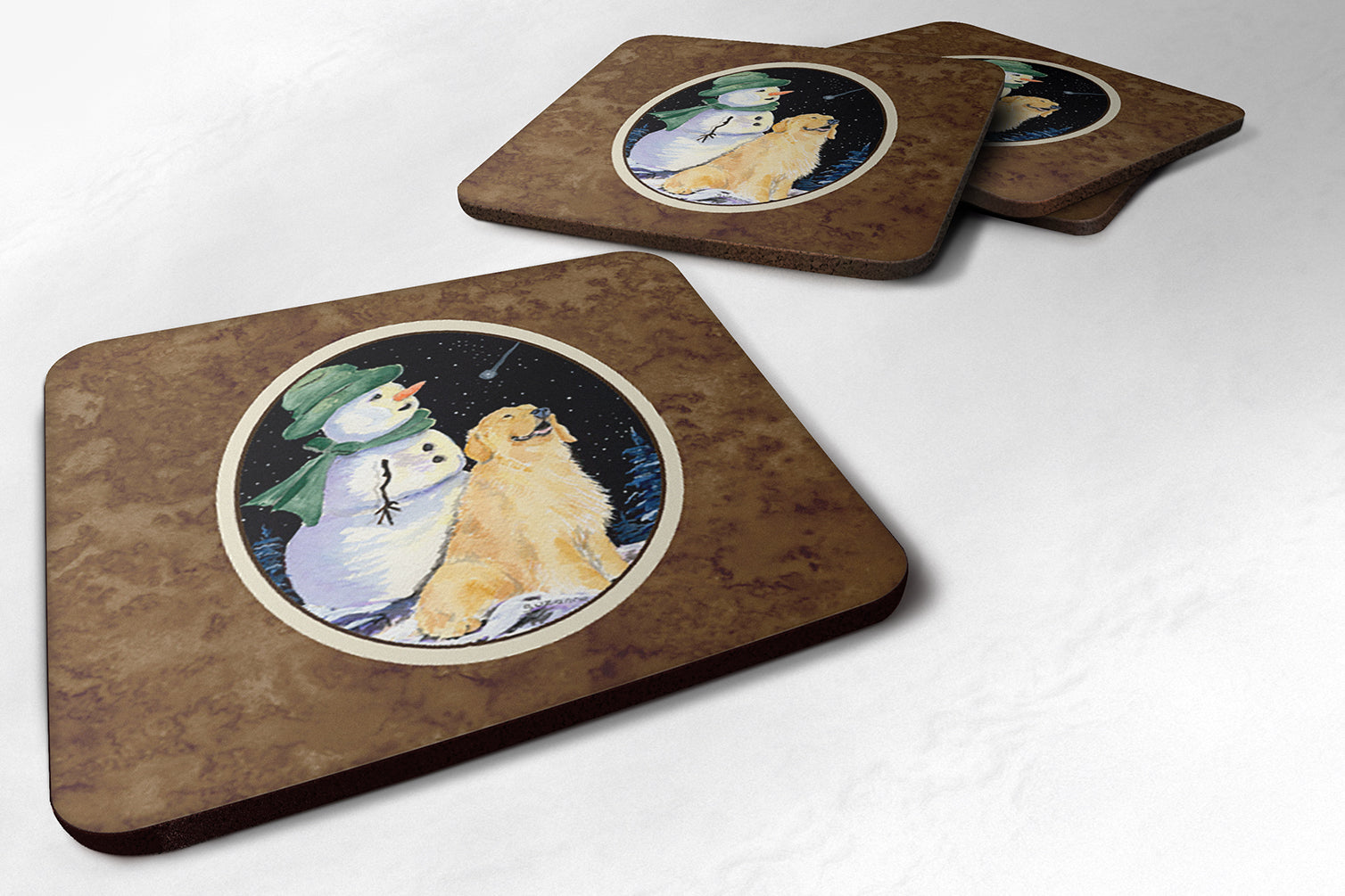 Set of 4 Golden with Snowman in Green Hat Retriever Foam Coasters - the-store.com