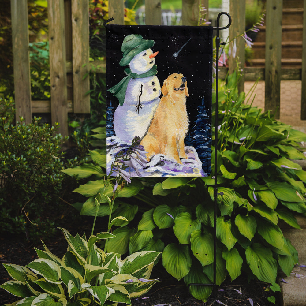 Golden Retriever with Snowman in Green Hat Flag Garden Size.