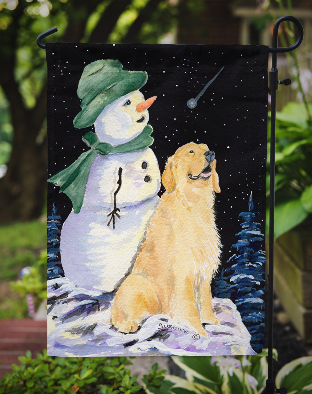 Golden Retriever with Snowman in Green Hat Flag Garden Size.