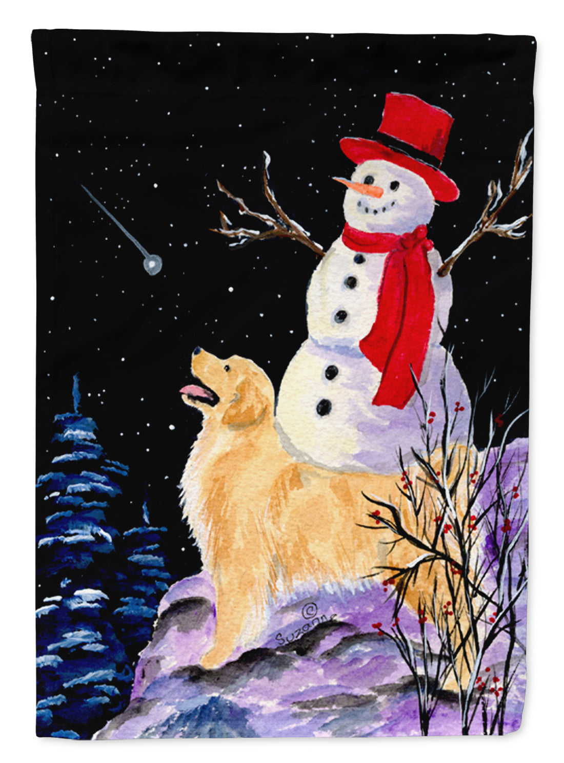 Golden Retriever Flag with Snowman in red Hat Canvas House Size  the-store.com.