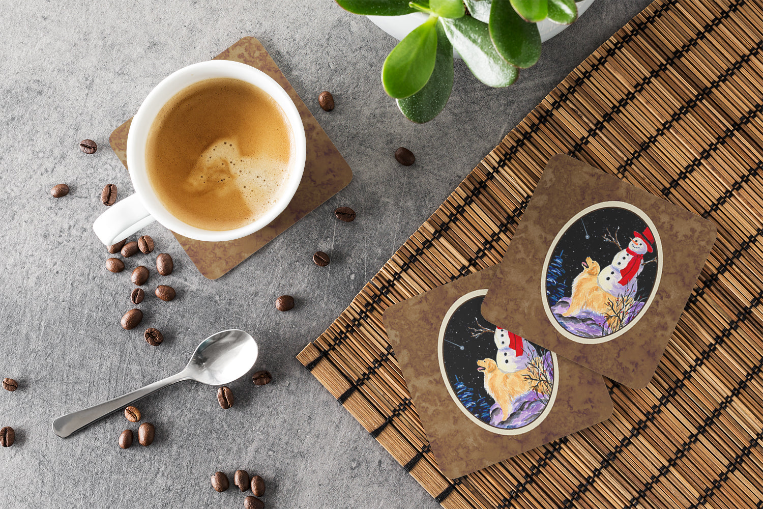 Set of 4 Golden Retriever with Snowman in red Hat Foam Coasters - the-store.com