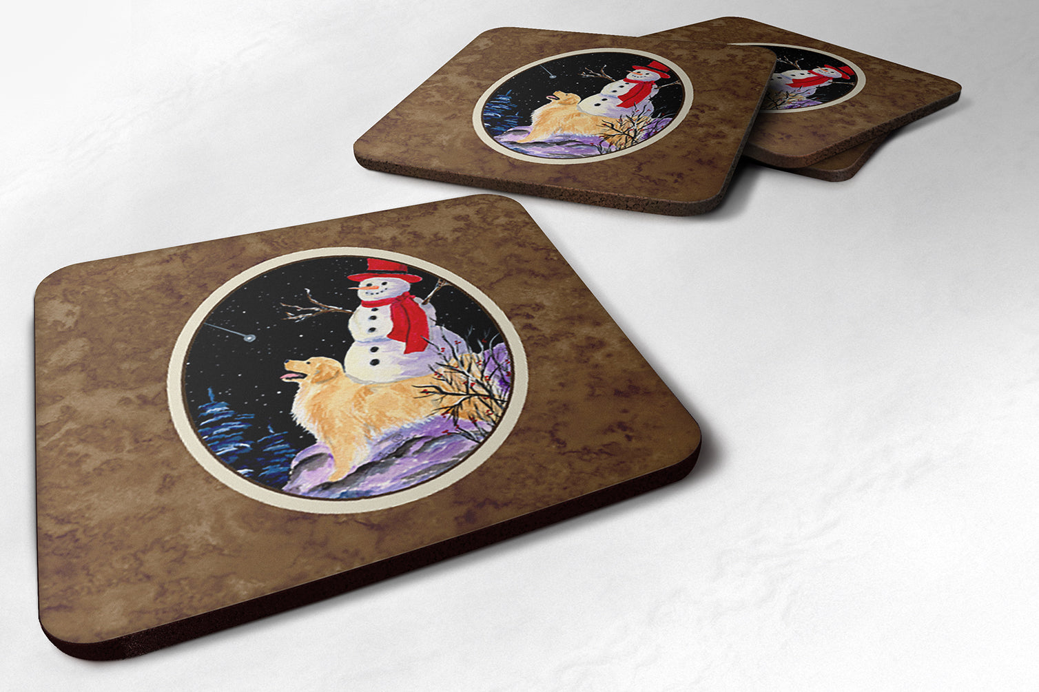 Set of 4 Golden Retriever with Snowman in red Hat Foam Coasters - the-store.com