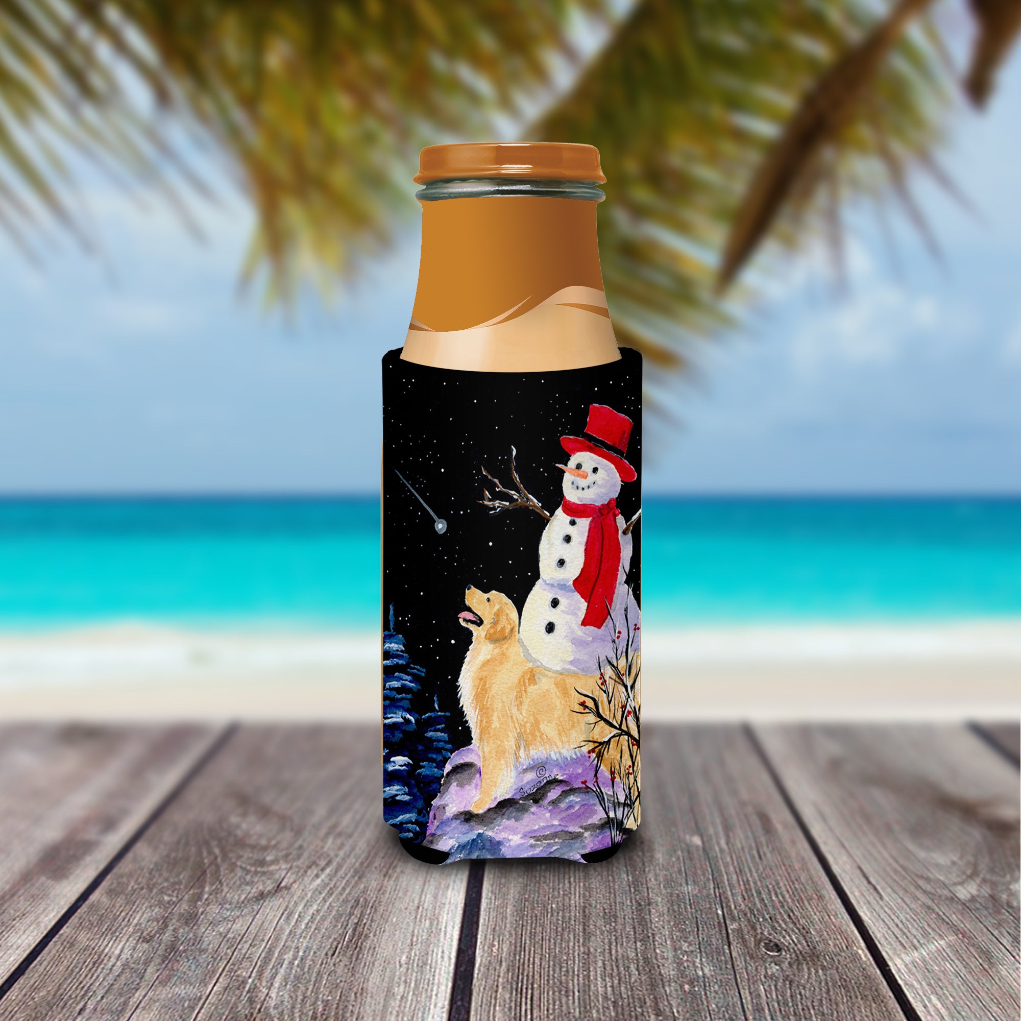 Golden Retriever with Snowman in red Hat Ultra Beverage Insulators for slim cans SS8579MUK.