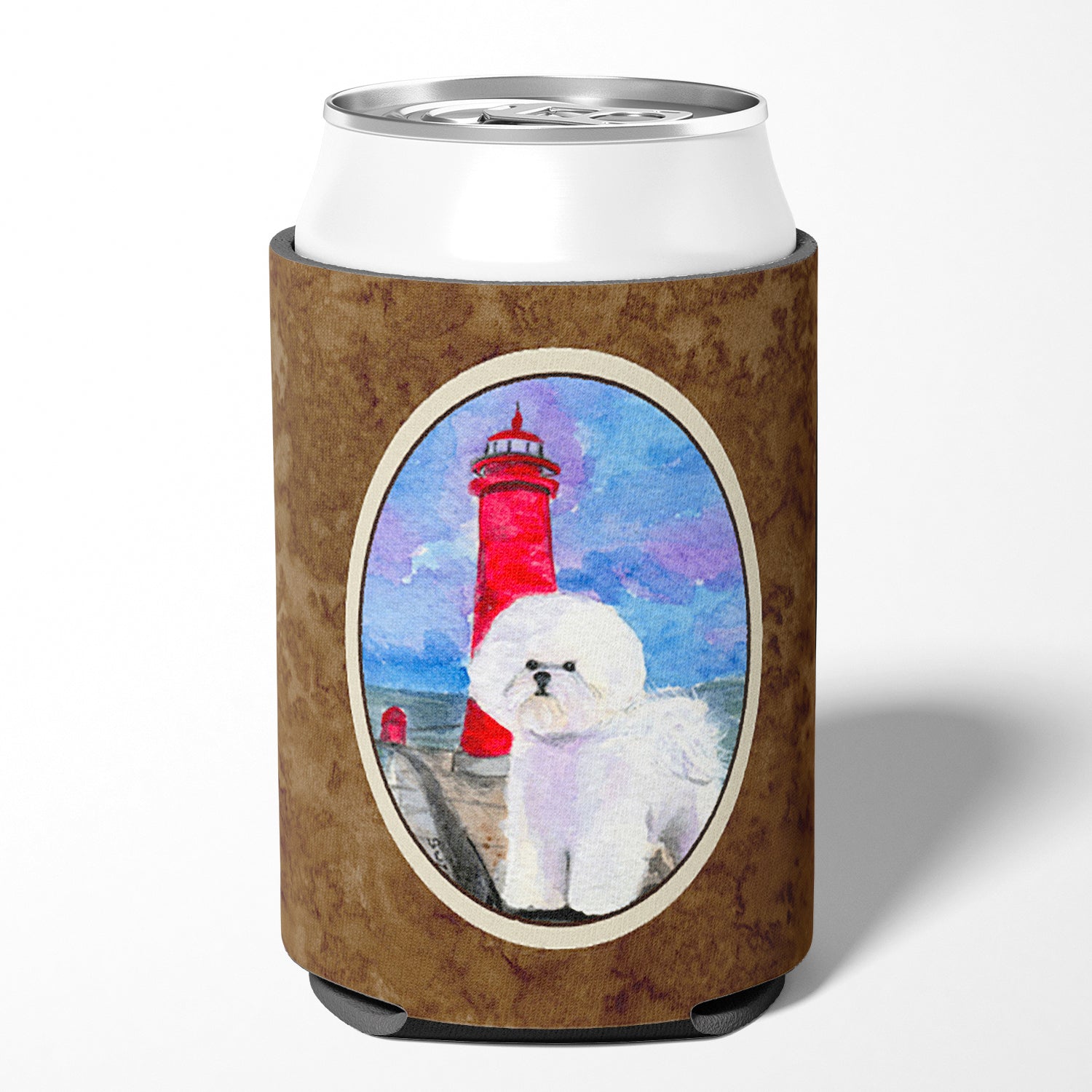 Lighthouse with Bichon Frise Can or Bottle Beverage Insulator Hugger.