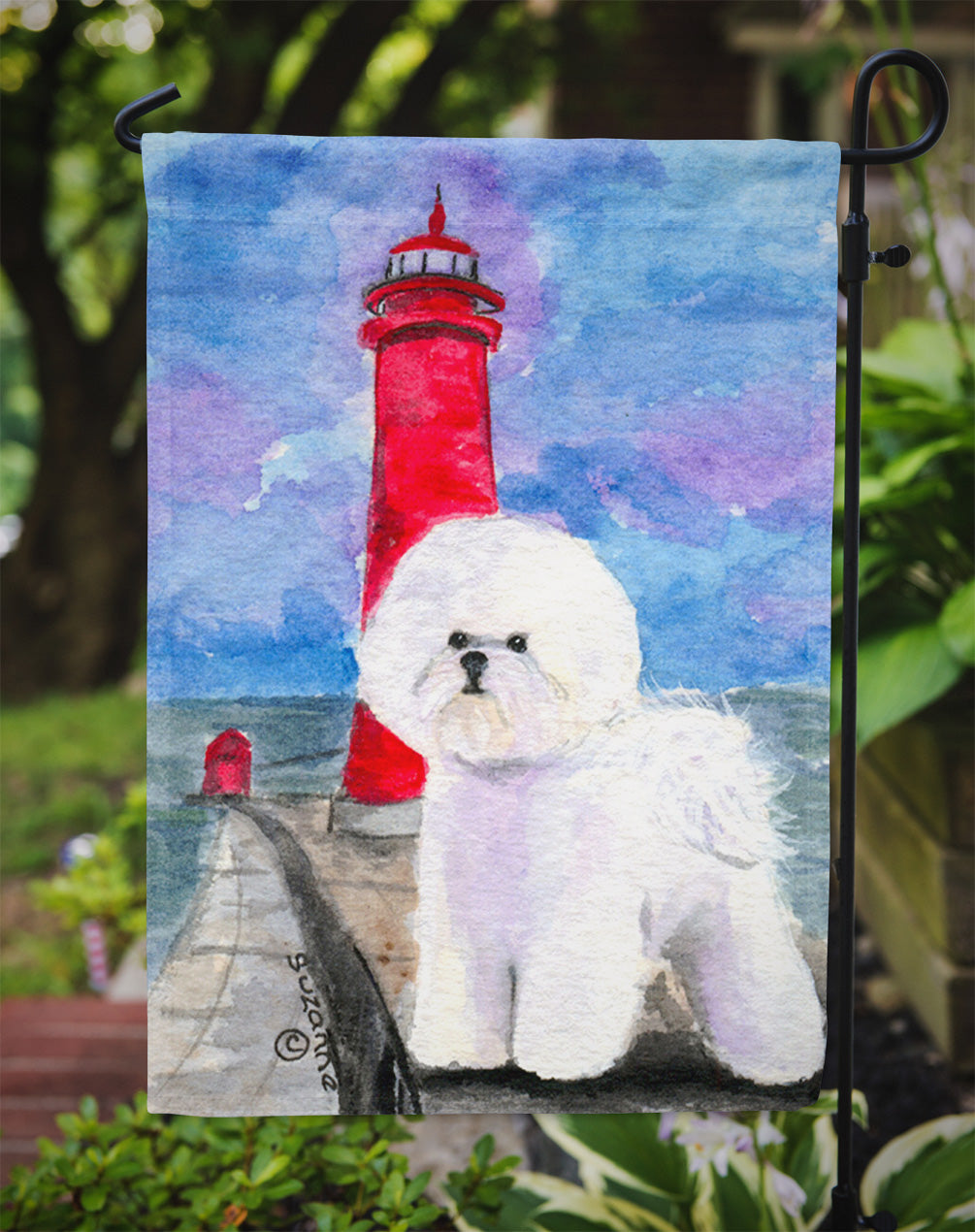 Lighthouse with Bichon Frise Flag Garden Size.