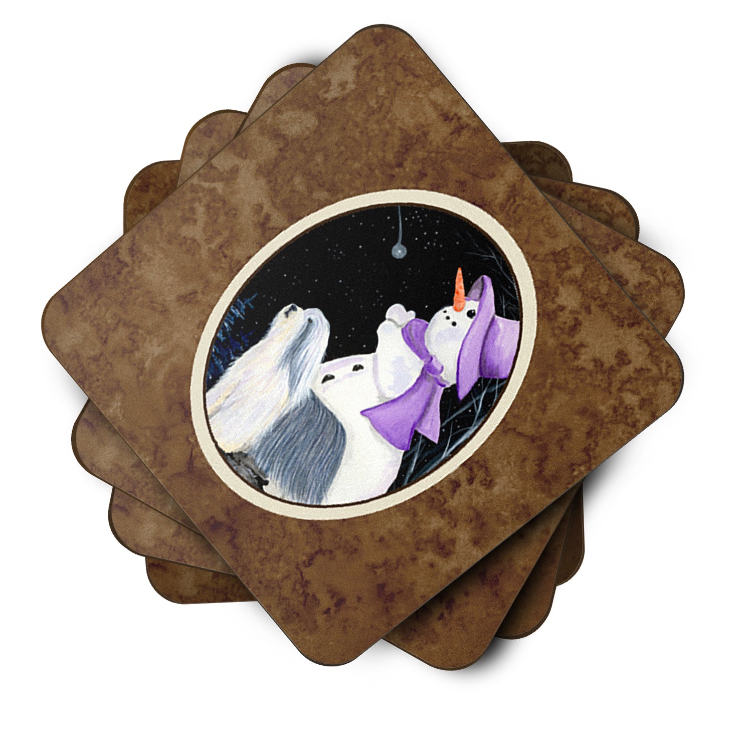 Snowman with Bearded Collie Foam Coasters Set of 4 - the-store.com