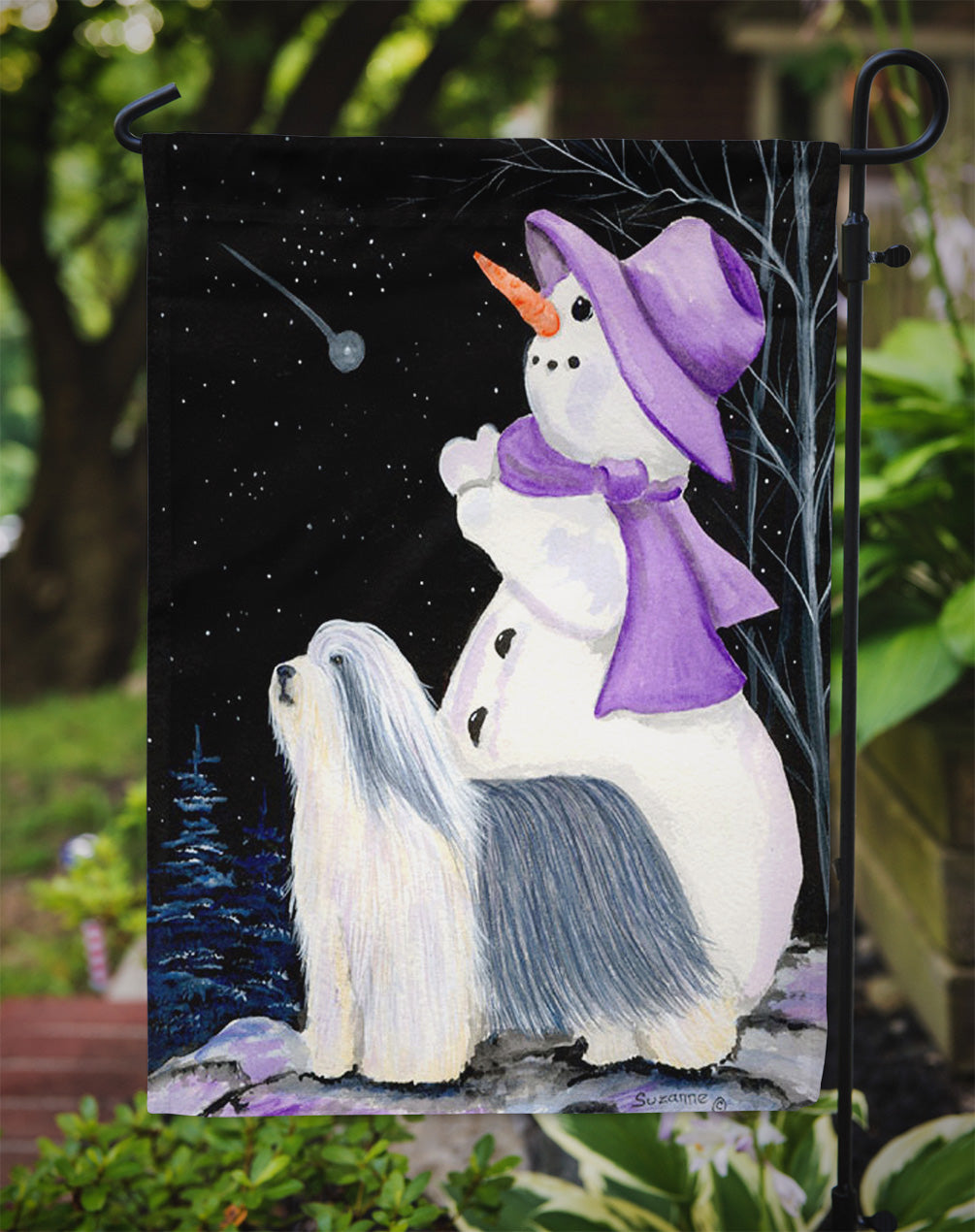 Snowman with Bearded Collie Flag Garden Size.