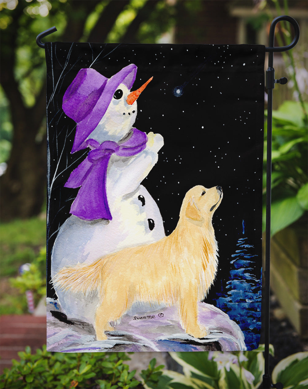 Snowman with Golden Retriever Flag Garden Size.