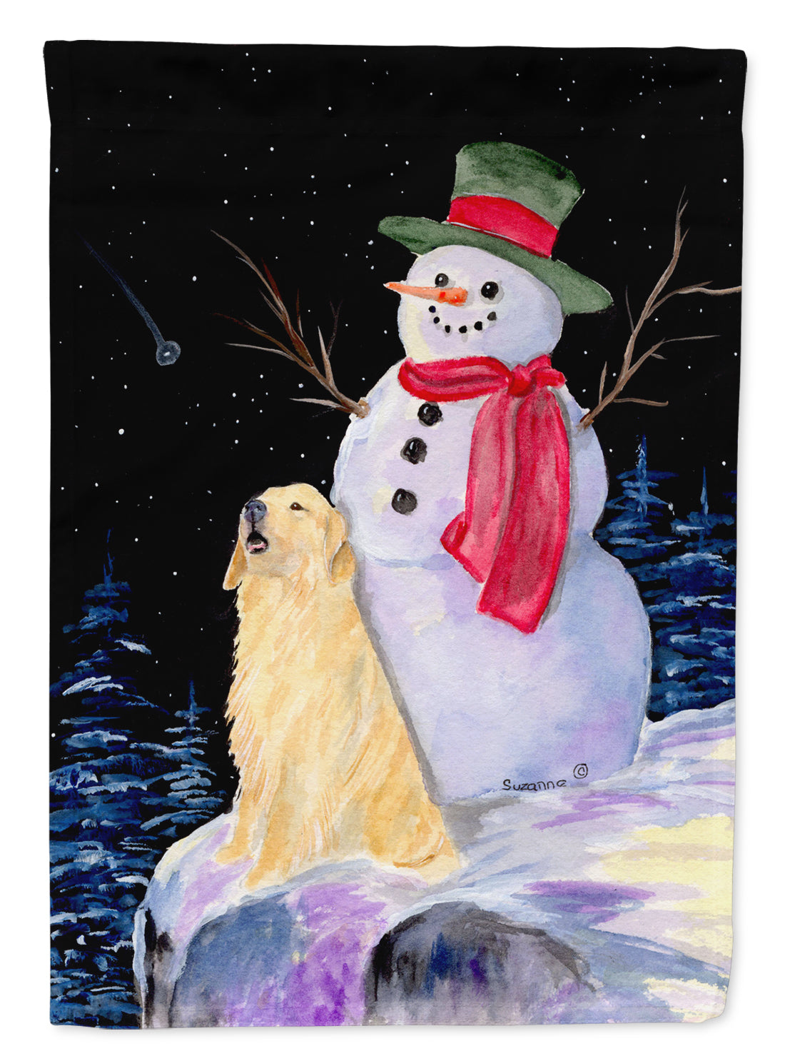 Snowman with Golden Retriever Flag Canvas House Size  the-store.com.