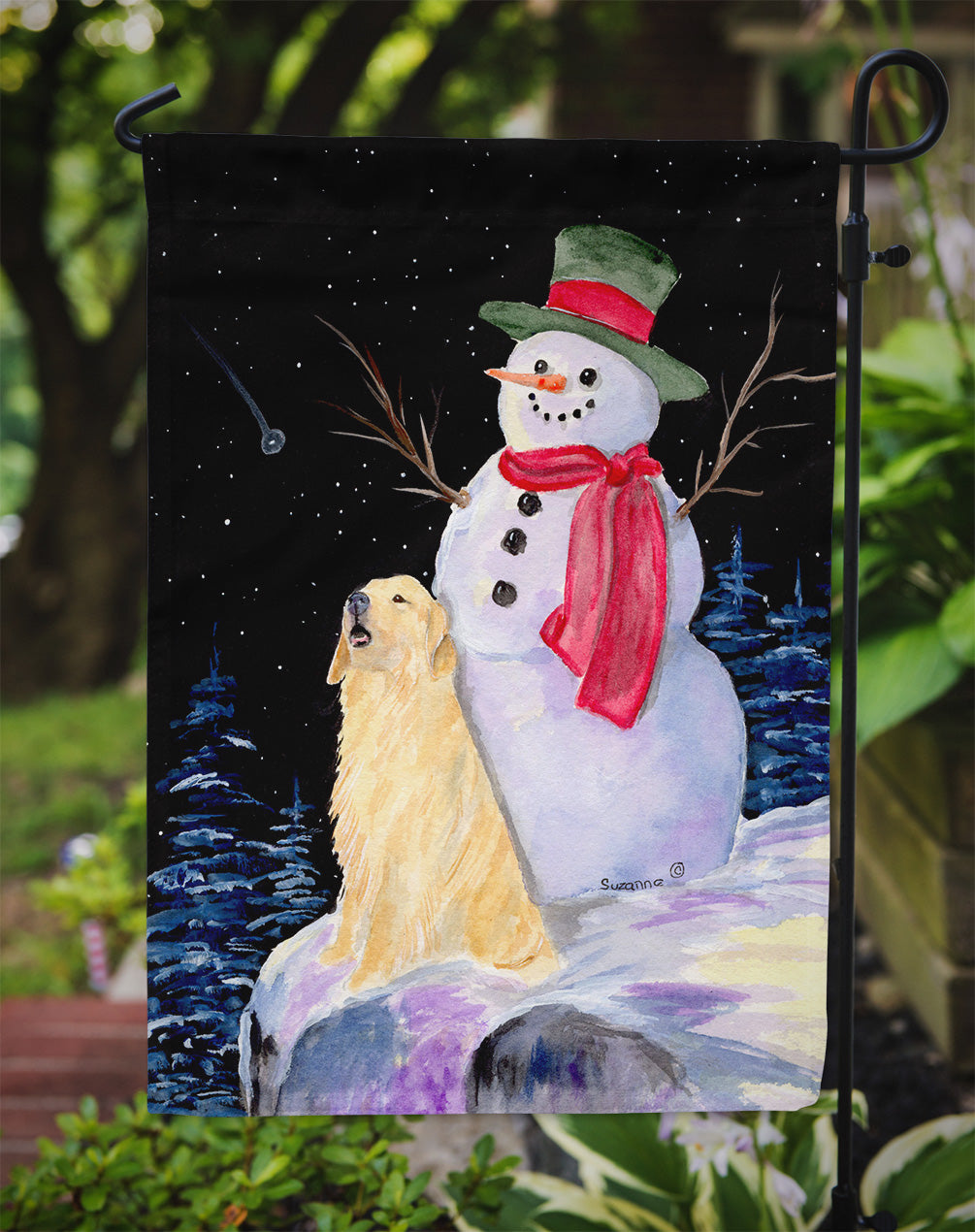 Snowman with Golden Retriever Flag Garden Size.