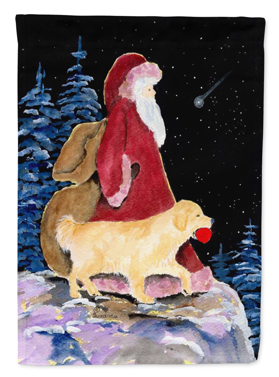 Santa Claus with  Golden Retriever Flag Canvas House Size  the-store.com.