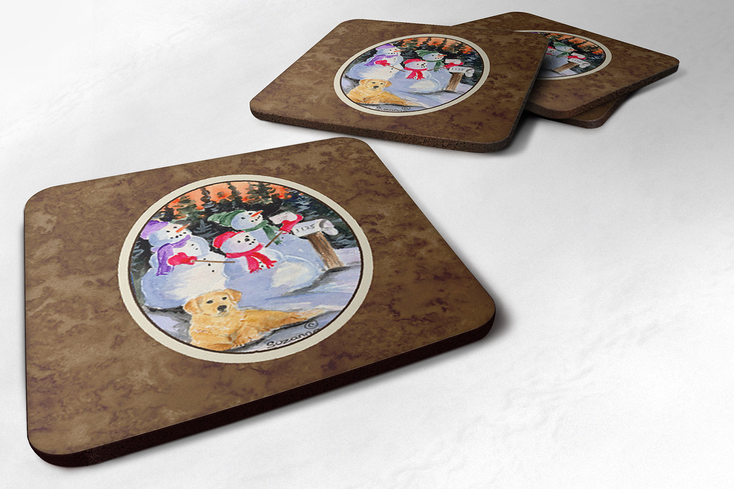 Snowman with Golden Retriever Foam Coasters Set of 4 - the-store.com