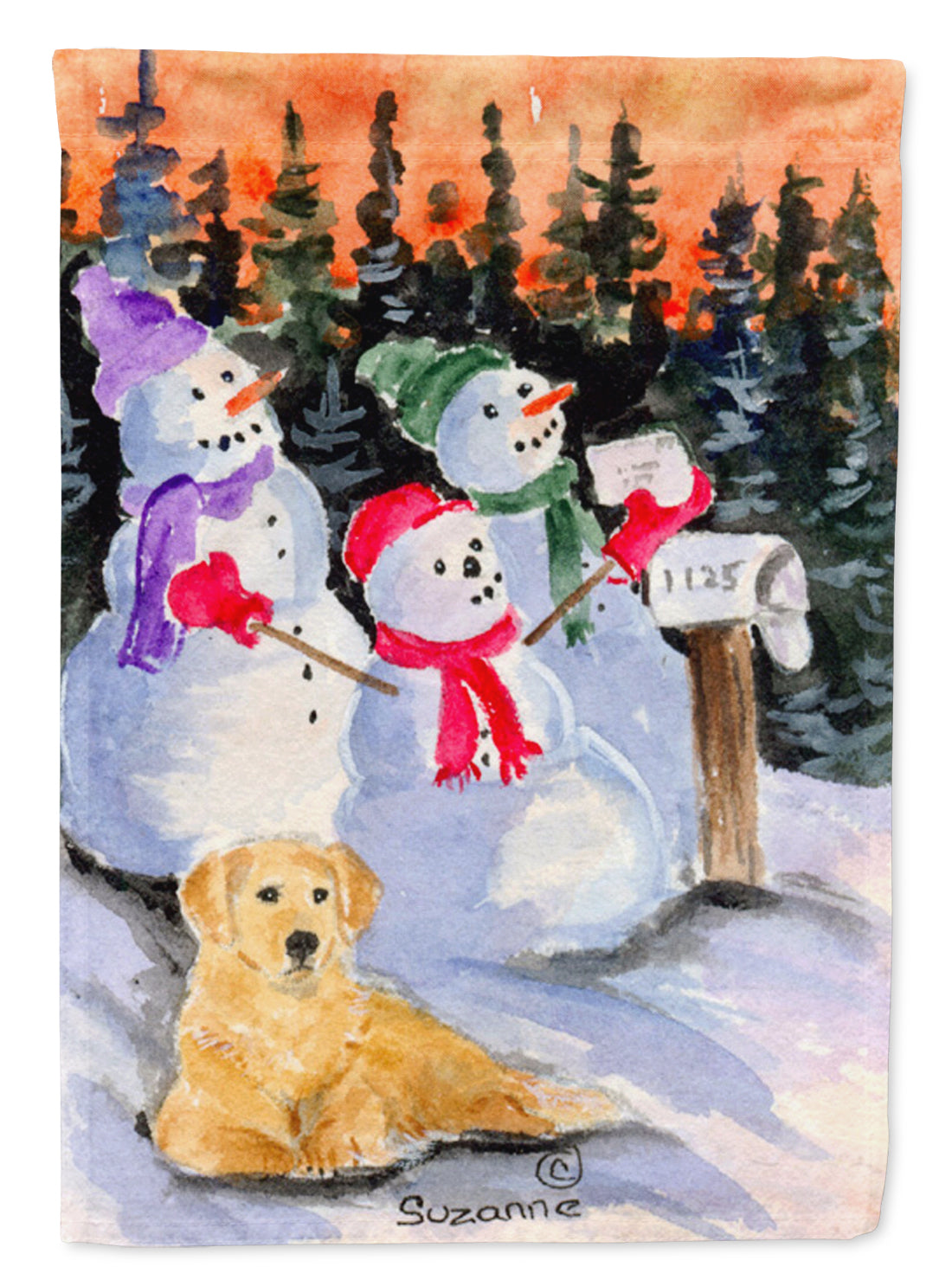 Snowman with Golden Retriever Flag Garden Size.