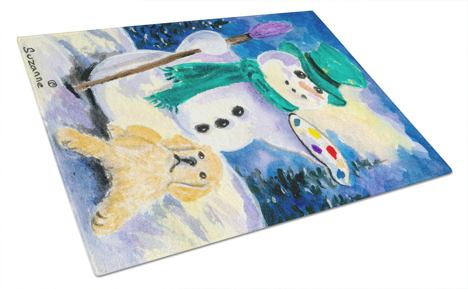 Snowman with Golden Retriever Glass Cutting Board Large by Caroline's Treasures