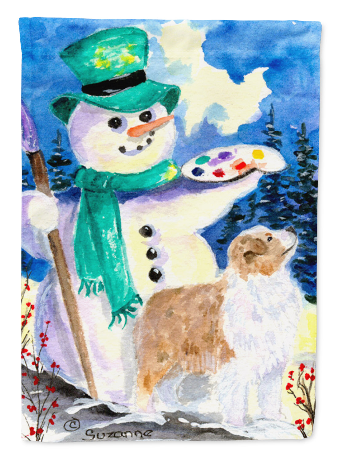 Snowman with Australian Shepherd Flag Canvas House Size  the-store.com.