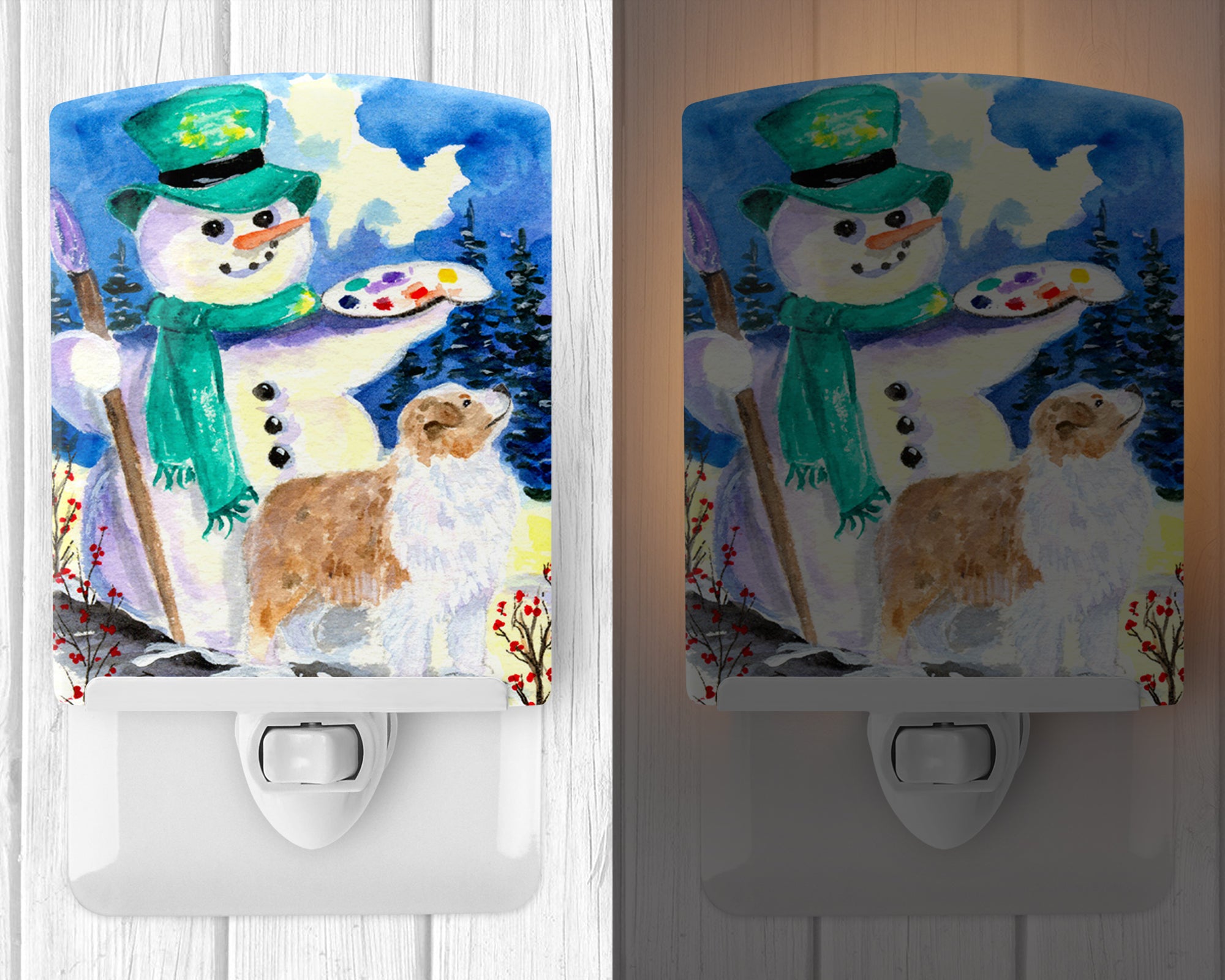 Snowman with Australian Shepherd Ceramic Night Light SS8996CNL - the-store.com