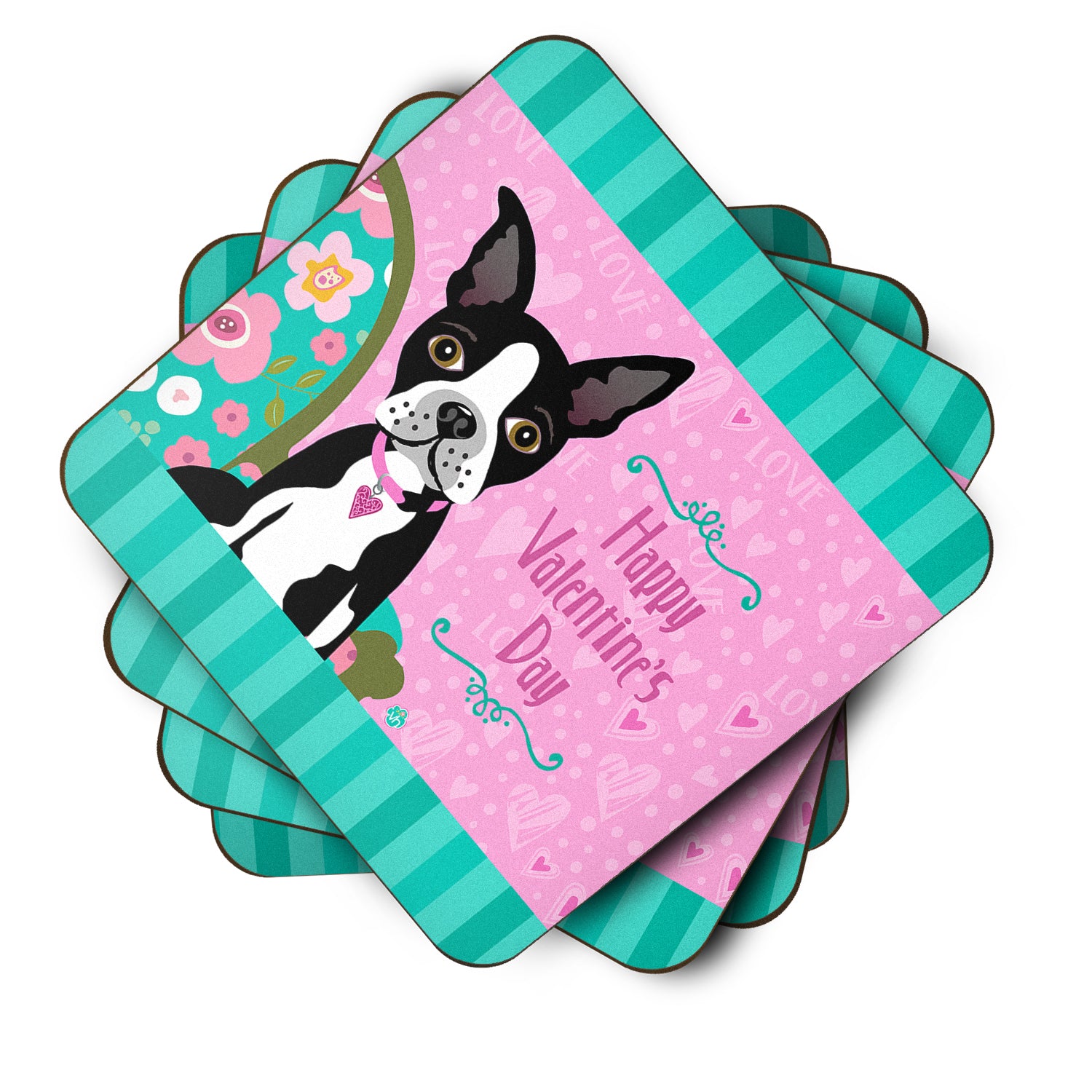 Set of 4 Happy Valentine's Day Boston Terrier Foam Coasters VHA3001FC - the-store.com