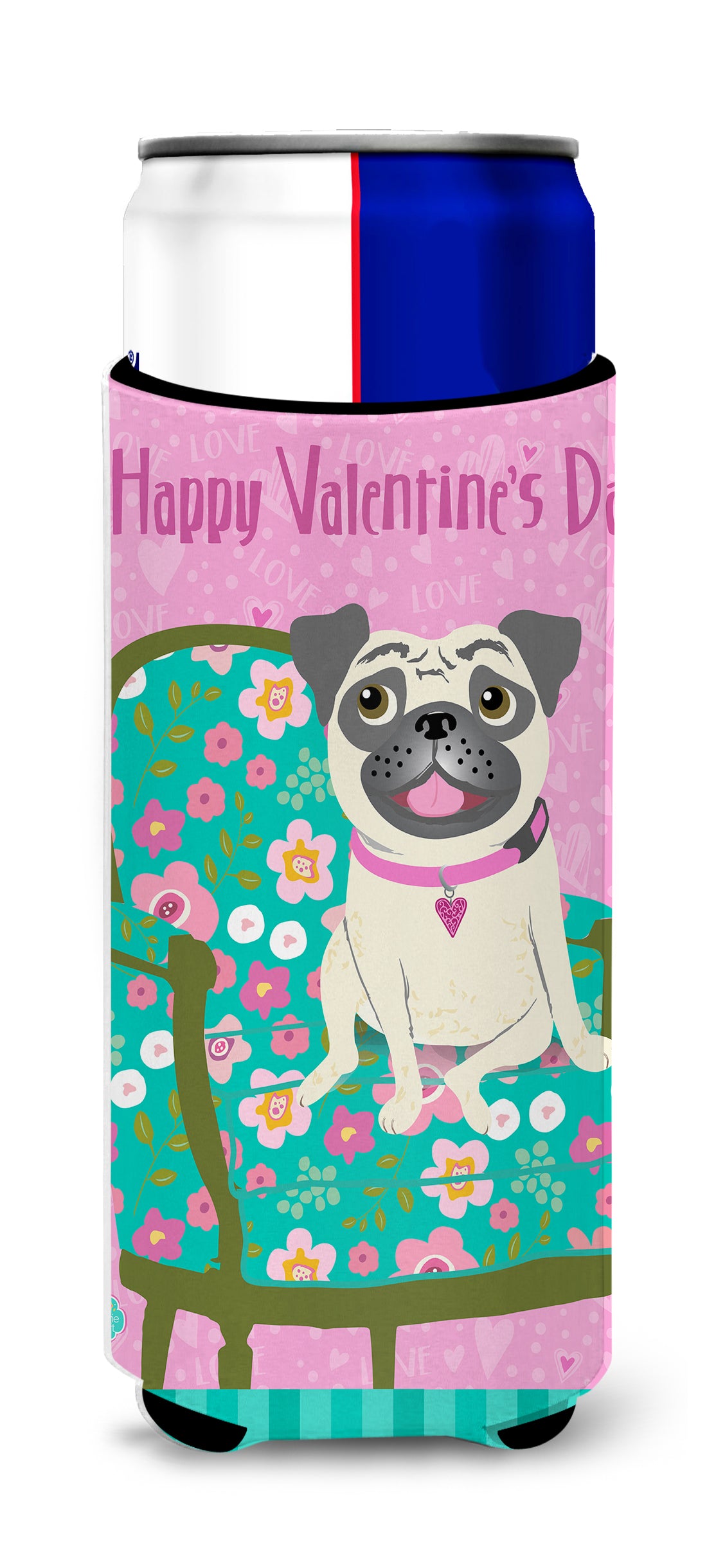 Happy Valentine&#39;s Day Pug Ultra Beverage Insulators for slim cans VHA3002MUK  the-store.com.