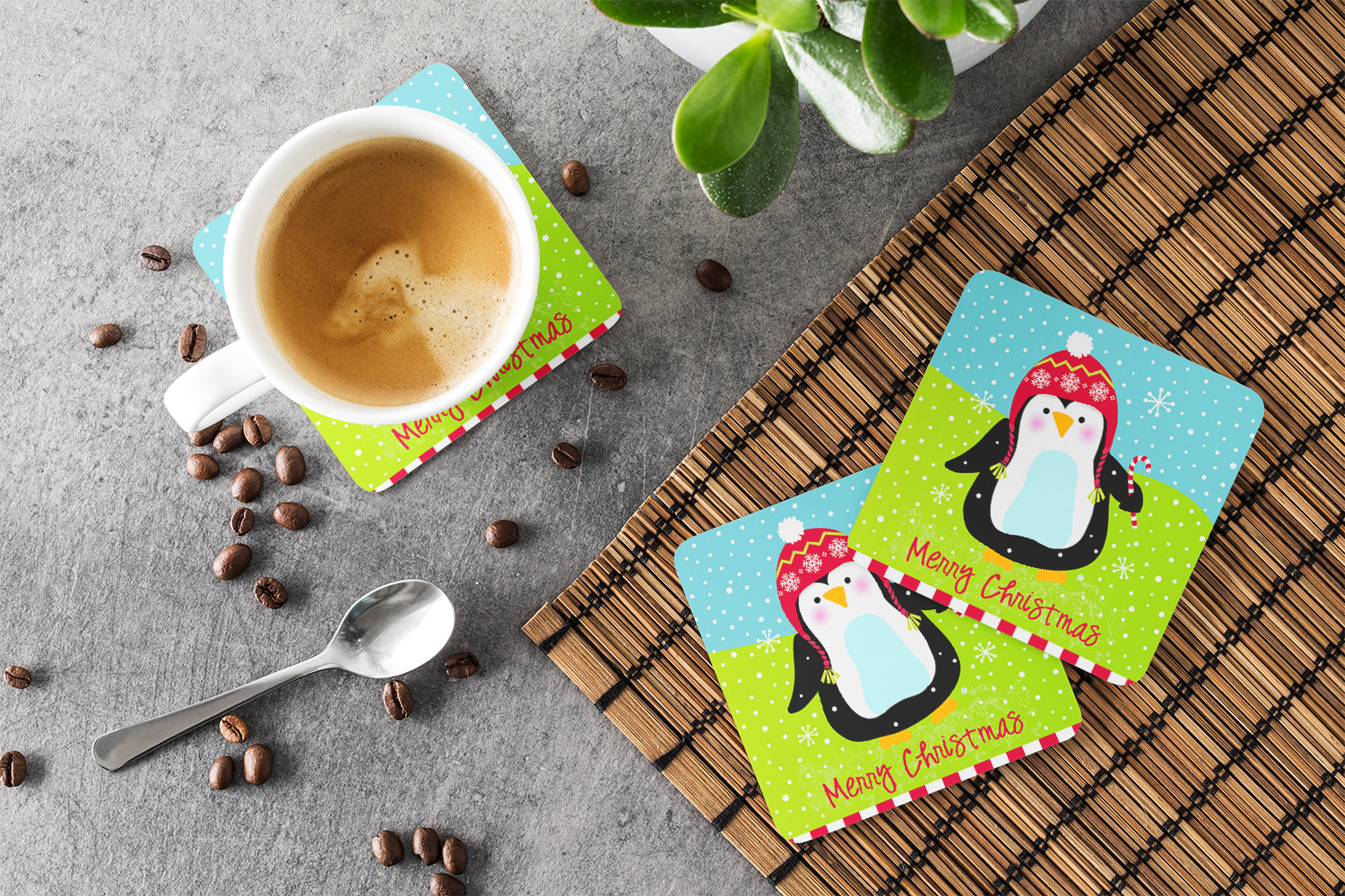 Merry Christmas Happy Penguin Foam Coaster Set of 4 VHA3015FC - the-store.com