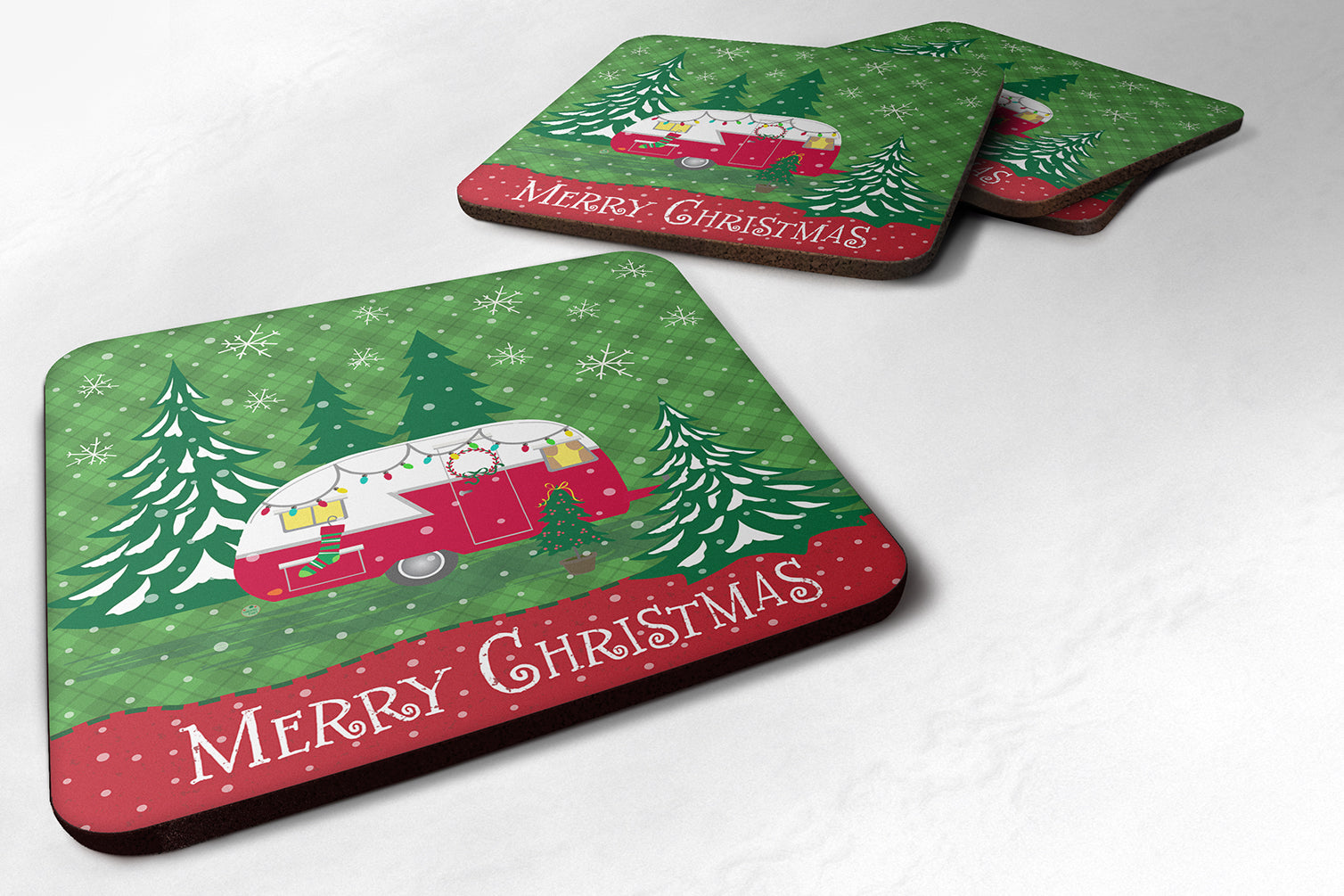 Christmas Vintage Glamping Trailer Foam Coaster Set of 4 VHA3018FC - the-store.com